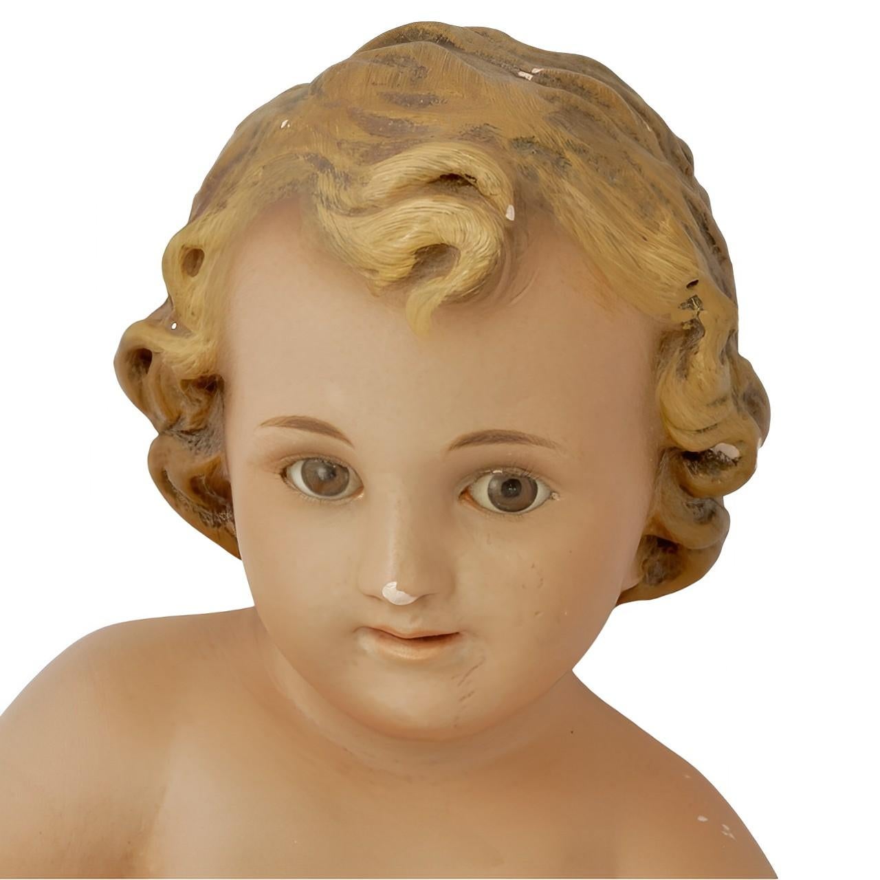 Hand Painted Plaster Baby Jesus in a Wooden Cradle  In Fair Condition For Sale In London, GB