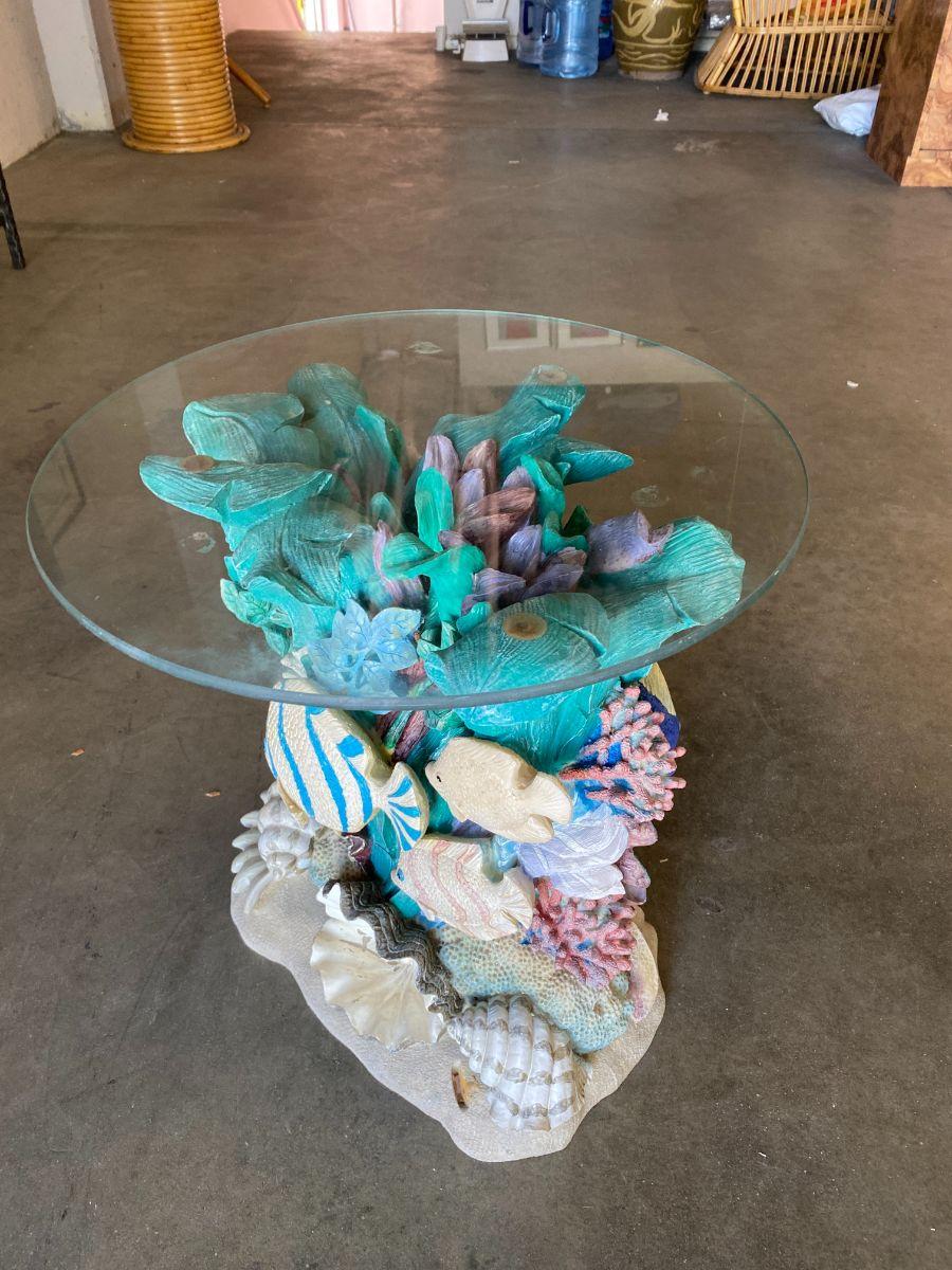 Hand Painted Plaster Echo Aquatic Side Table by Domestications, circa 1998 In Excellent Condition In Van Nuys, CA