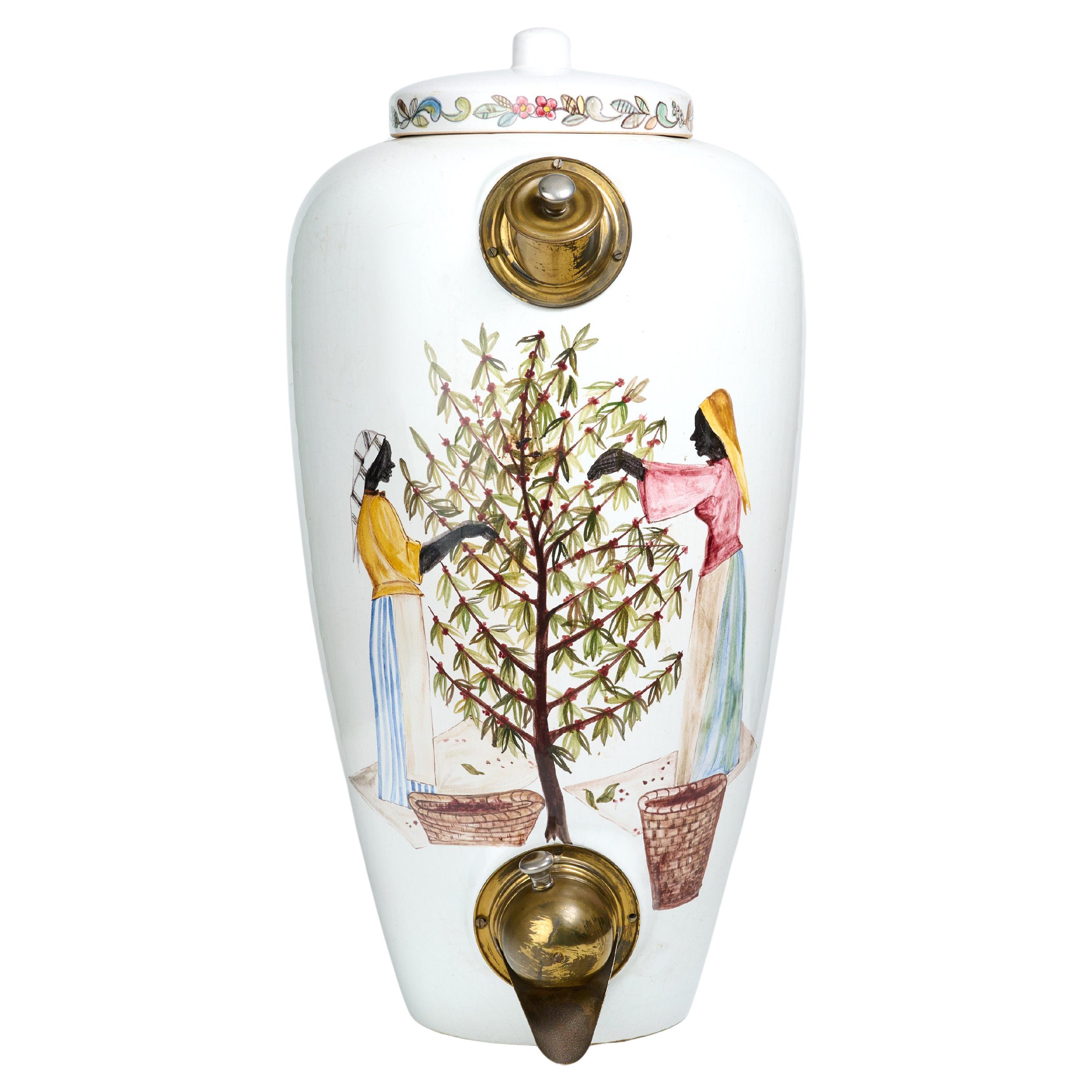 Hand Painted Porcelain and Brass Coffee Bean Dispenser For Sale