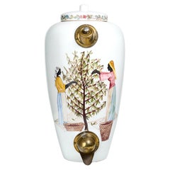 Used Hand Painted Porcelain and Brass Coffee Bean Dispenser
