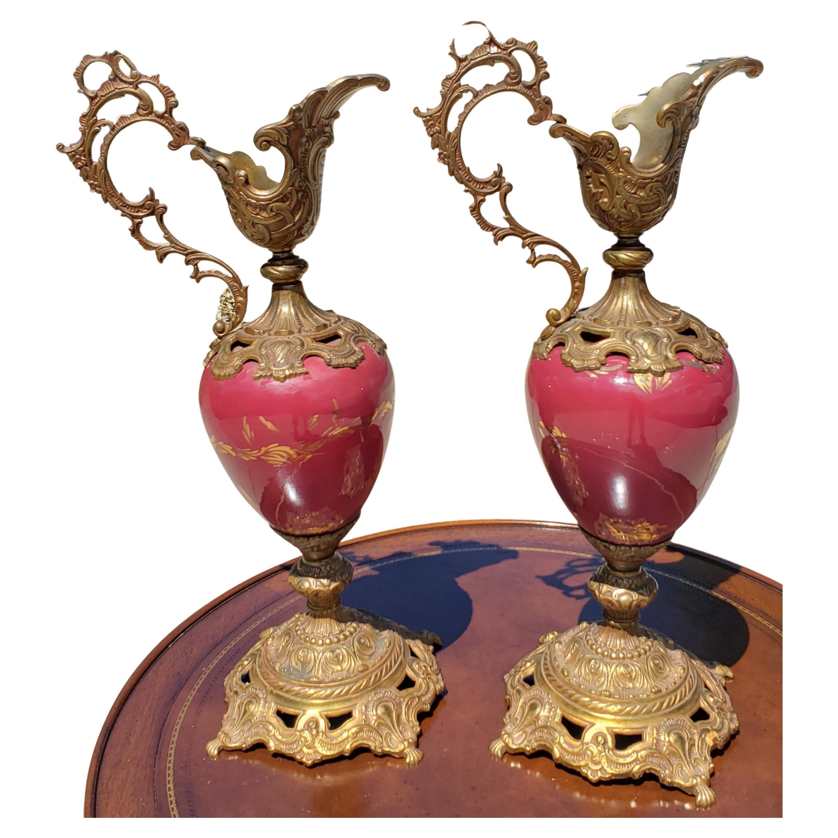 20th Century Hand Painted Porcelain and Brass Mounted Ewers, a Pair For Sale