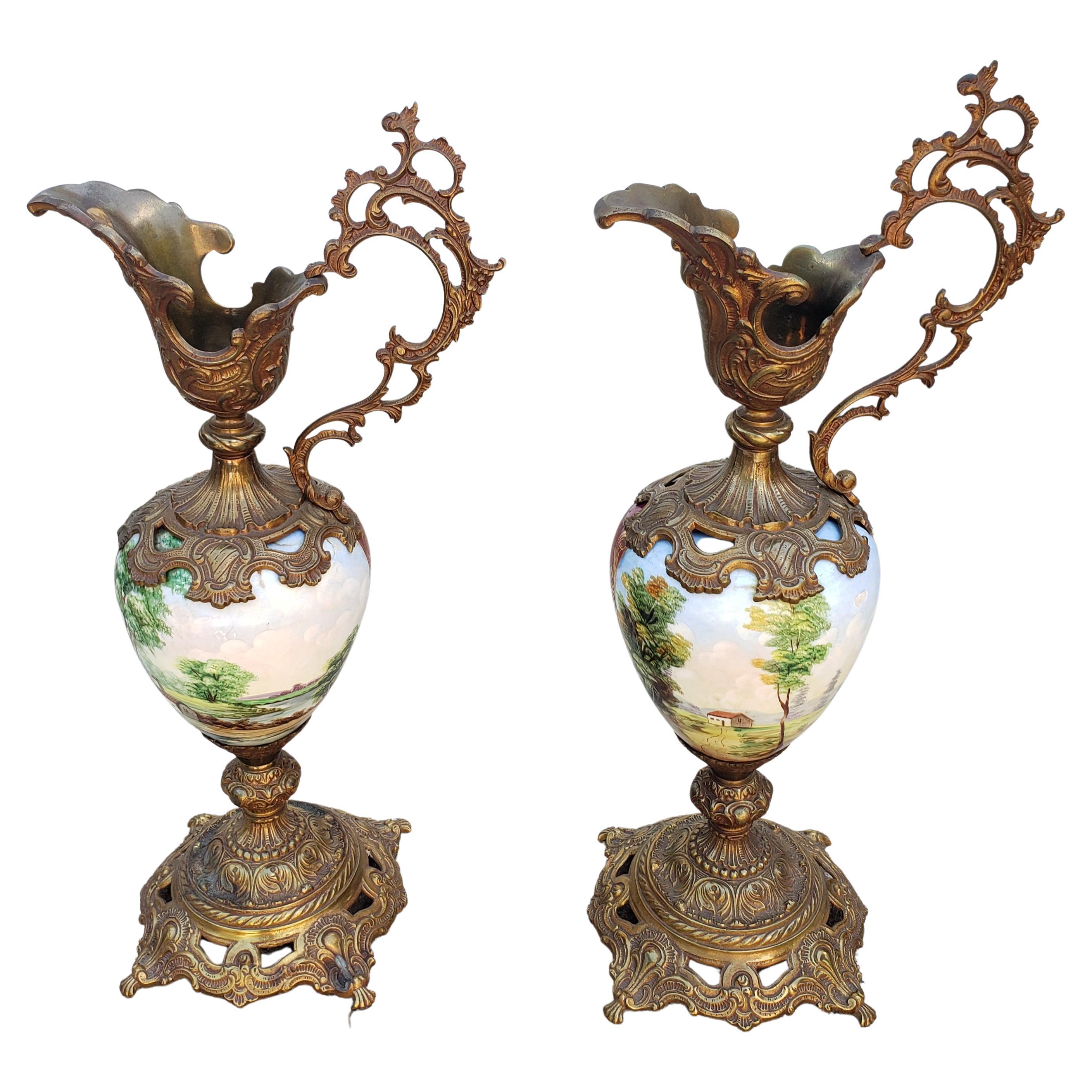 Hand Painted Porcelain and Brass Mounted Ewers, a Pair For Sale 1