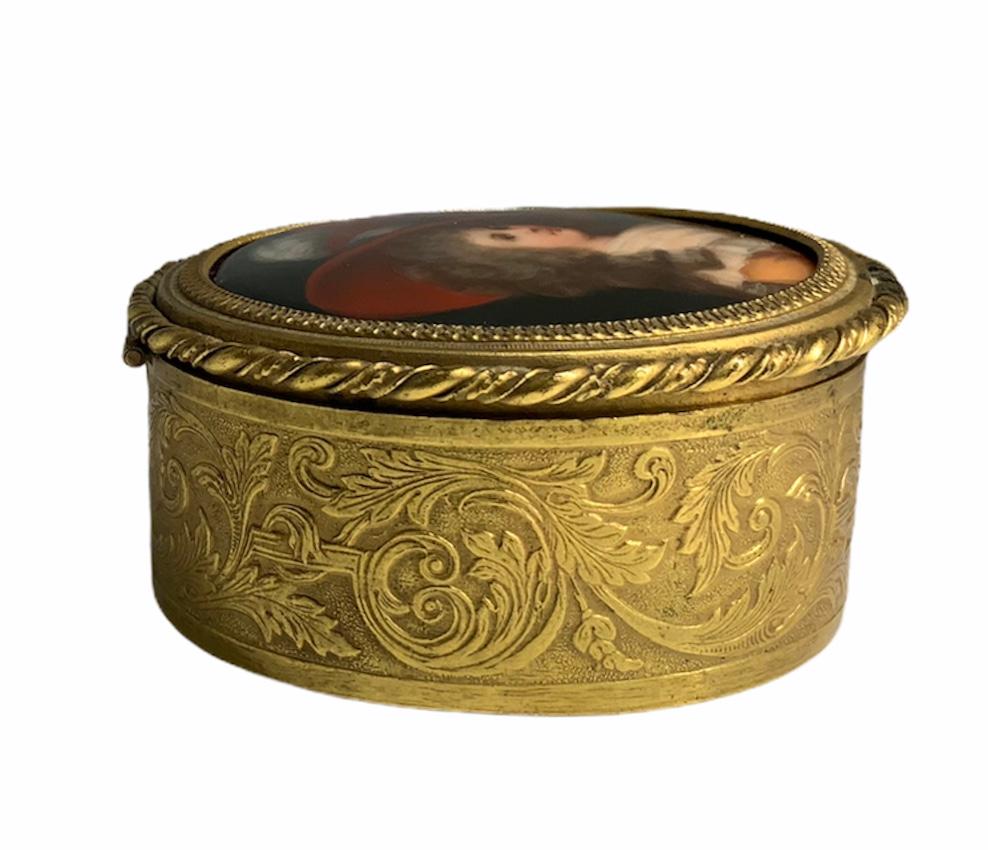 Rococo Hand Painted Porcelain and Gilt Bronze Oval Trinket Box For Sale