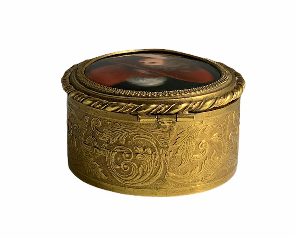 Unknown Hand Painted Porcelain and Gilt Bronze Oval Trinket Box For Sale