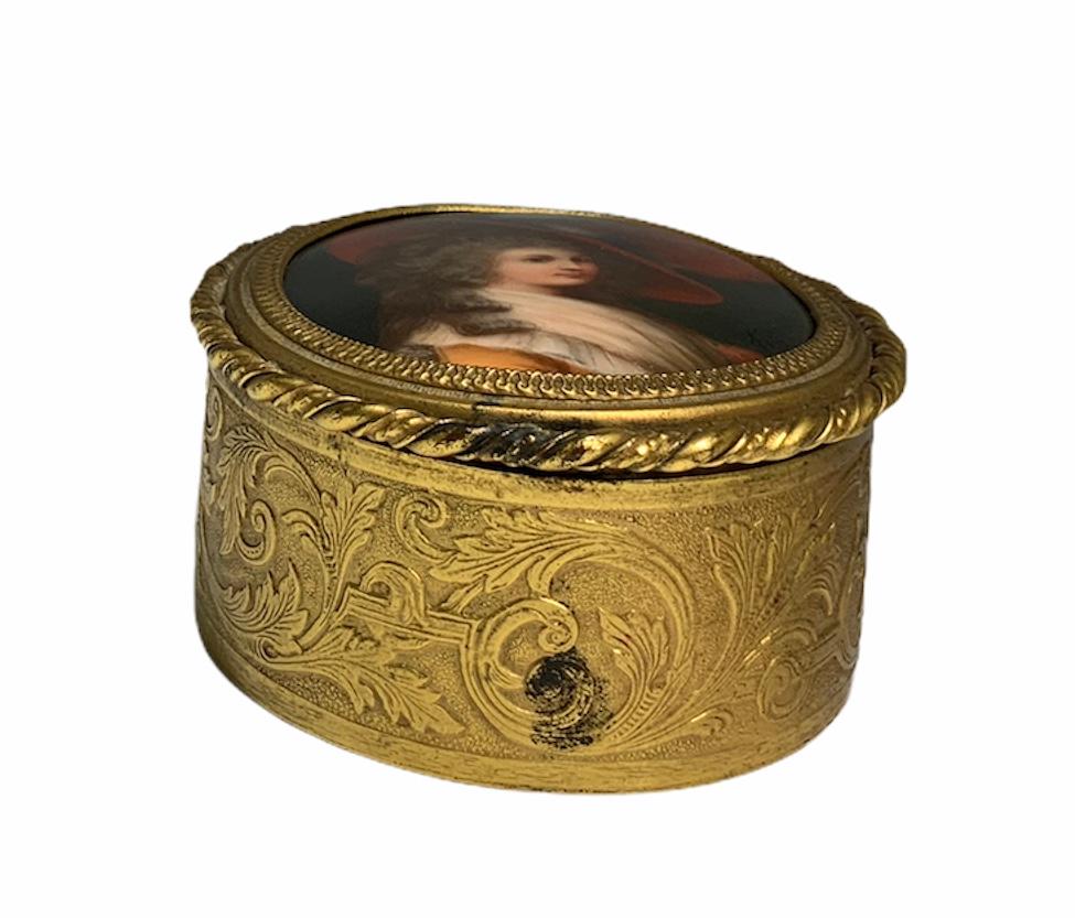 Hand-Painted Hand Painted Porcelain and Gilt Bronze Oval Trinket Box For Sale