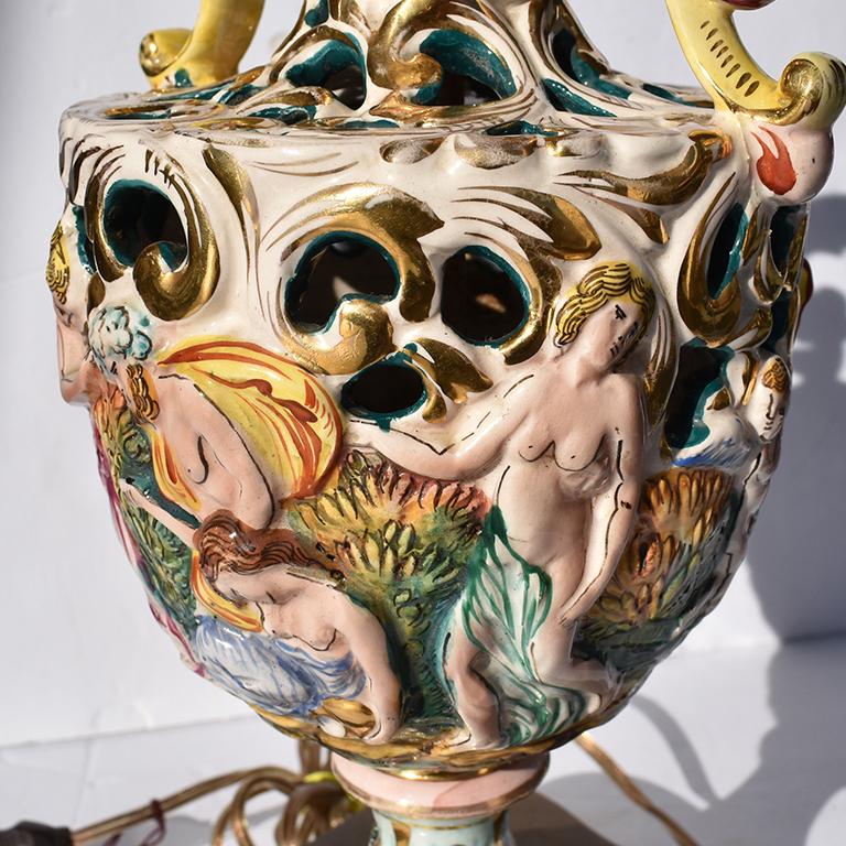 Metal Hand Painted Porcelain Capo Di Monte Lamp of Bacchus, Italy, 19th Century, Italy For Sale
