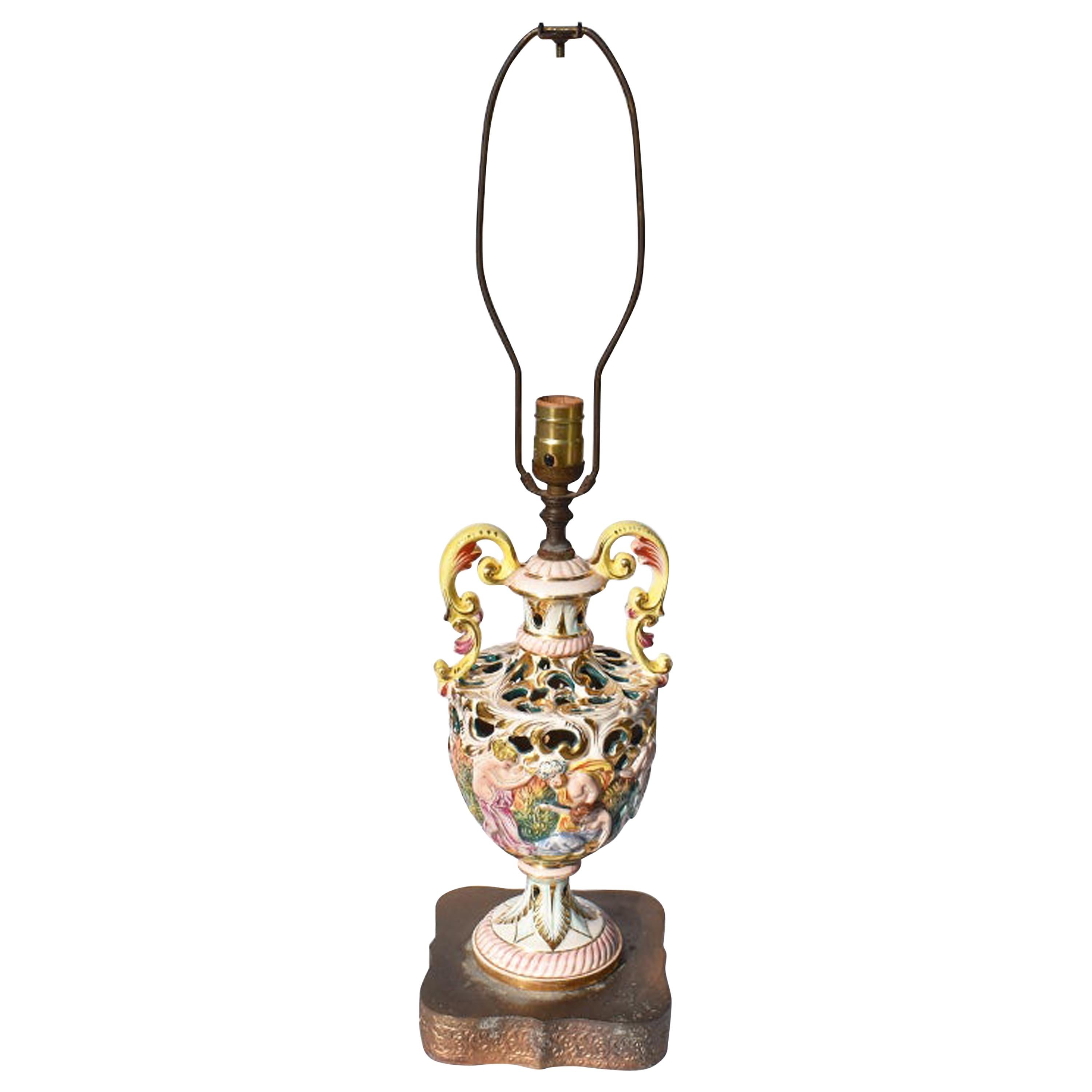 Hand Painted Porcelain Capo Di Monte Lamp of Bacchus, Italy, 19th Century, Italy For Sale