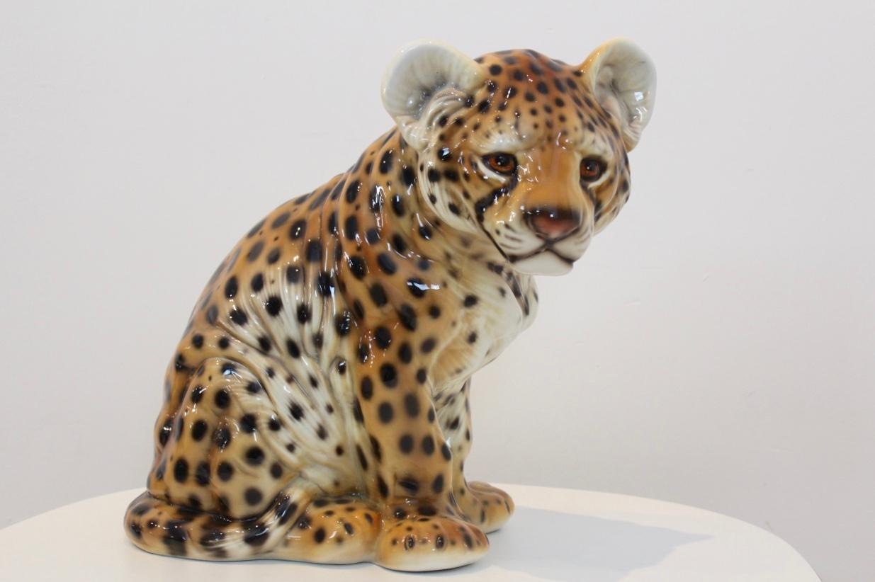 Mid-Century Modern Hand Painted Porcelain Italian Puppy-Leopard Sculpture, 1970s