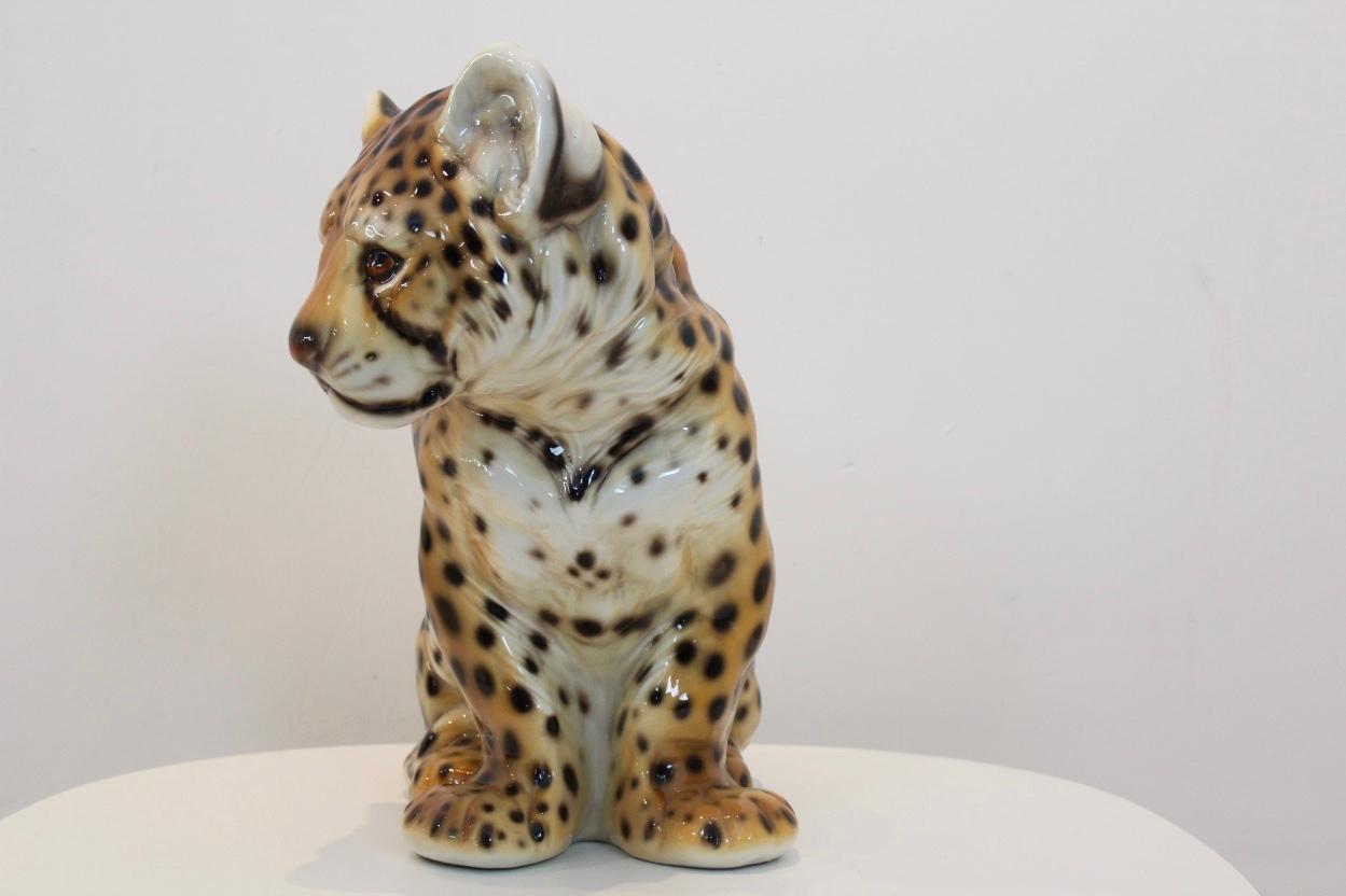 Hand Painted Porcelain Italian Puppy-Leopard Sculpture, 1970s 3