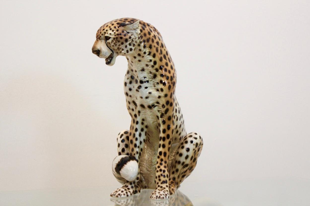 Hollywood Regency Hand-Painted Porcelain Leopard Sculpture by Ronzan, Italy, 1970s