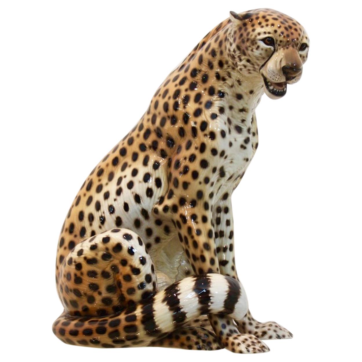 Hand-Painted Porcelain Leopard Sculpture by Ronzan, Italy, 1970s