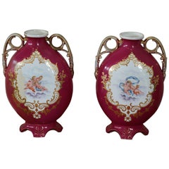 Antique Hand Painted Porcelain Pair of Vase by Victoria Carlsbad Austria, 1895