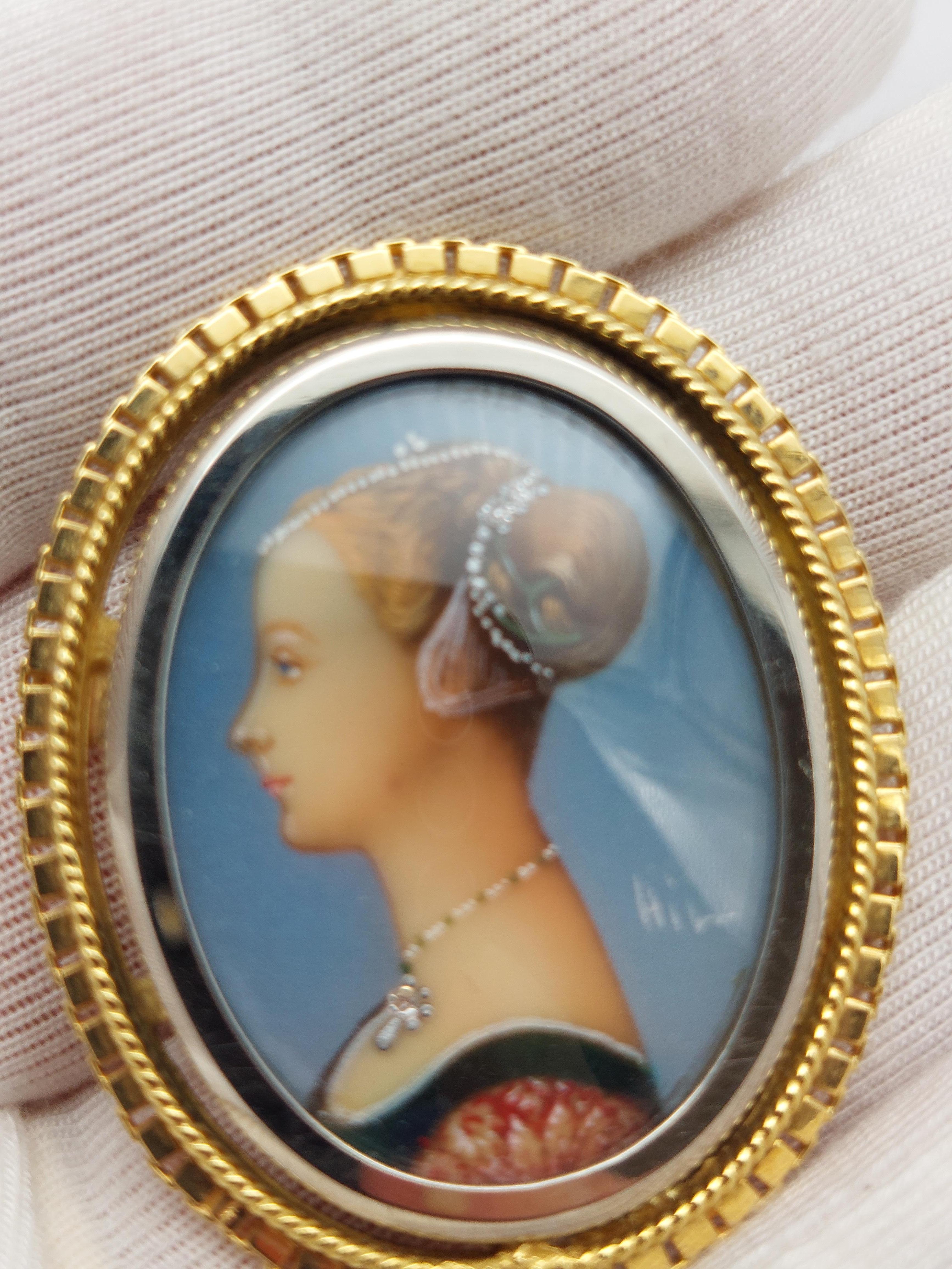 Alfiler/Colgante de Porcelana Pintada a Mano en Oro Amarillo de 18 Kilates con Diamante en venta 6