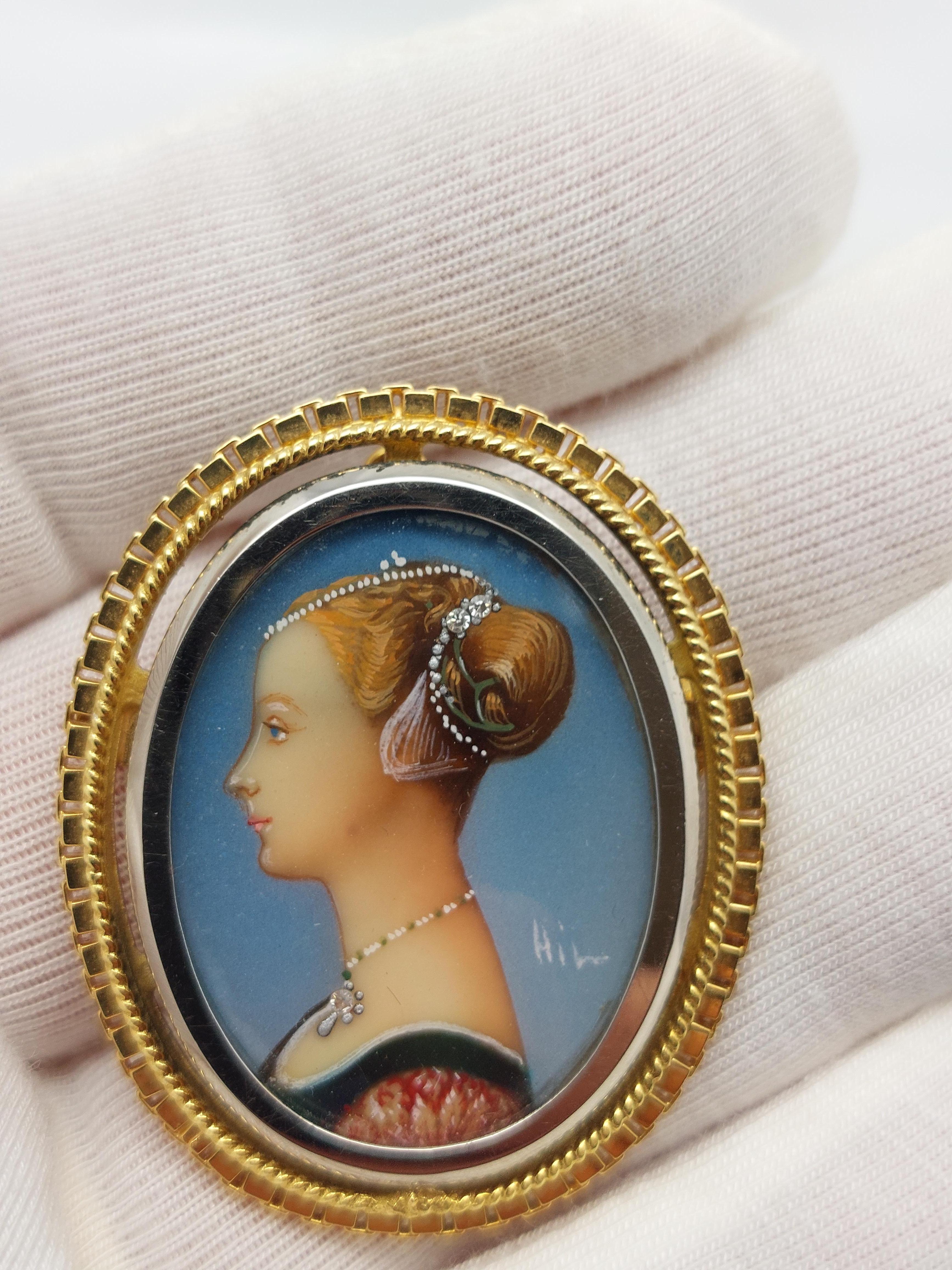 Alfiler/Colgante de Porcelana Pintada a Mano en Oro Amarillo de 18 Kilates con Diamante en venta 7