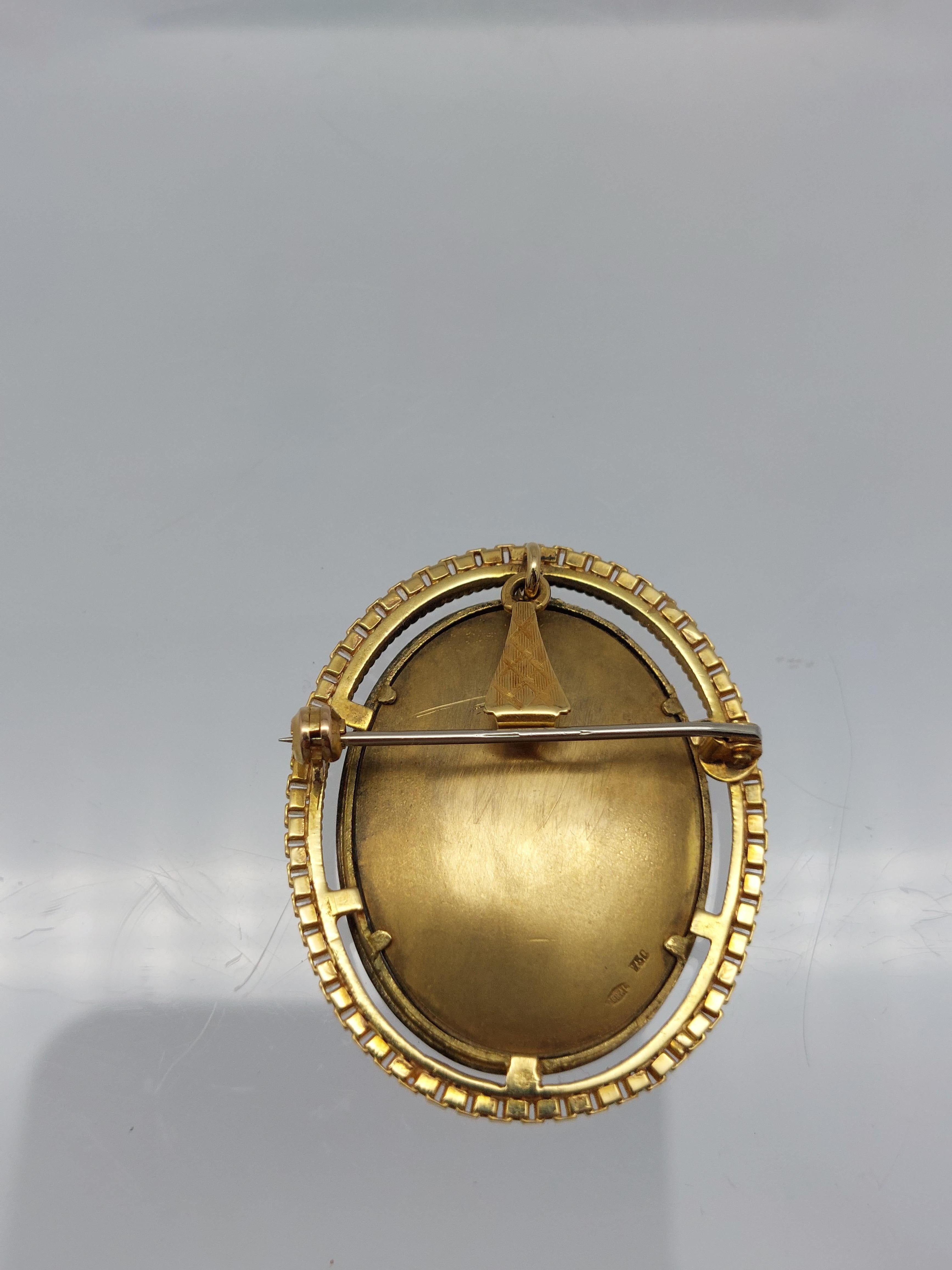 Alfiler/Colgante de Porcelana Pintada a Mano en Oro Amarillo de 18 Kilates con Diamante en venta 8