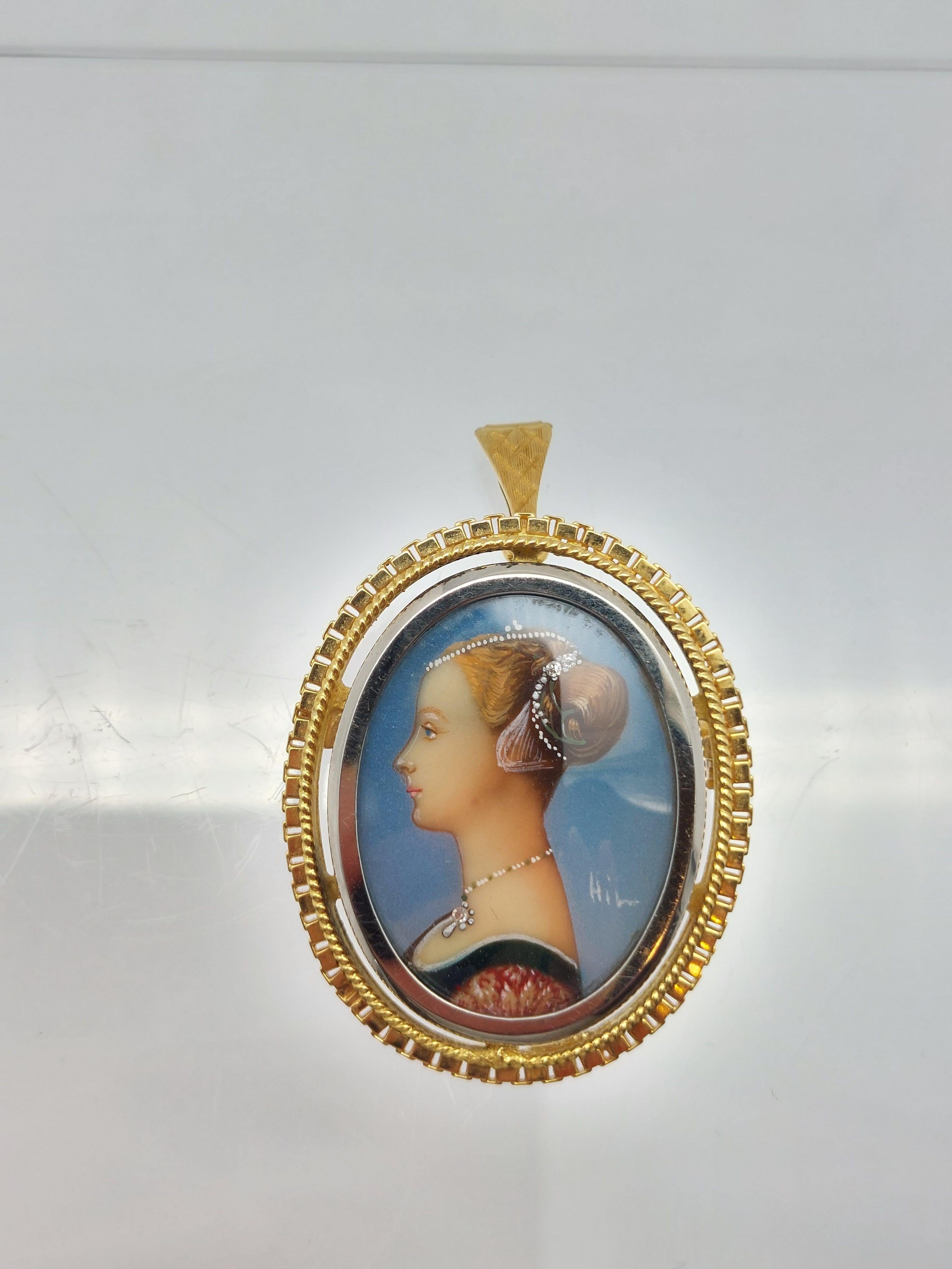 Alfiler/Colgante de Porcelana Pintada a Mano en Oro Amarillo de 18 Kilates con Diamante en venta 11