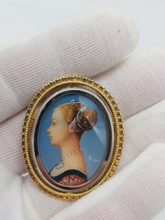 Hand Painted Porcelain Pin/Pendant in 18 Karat Yellow Gold with Diamond