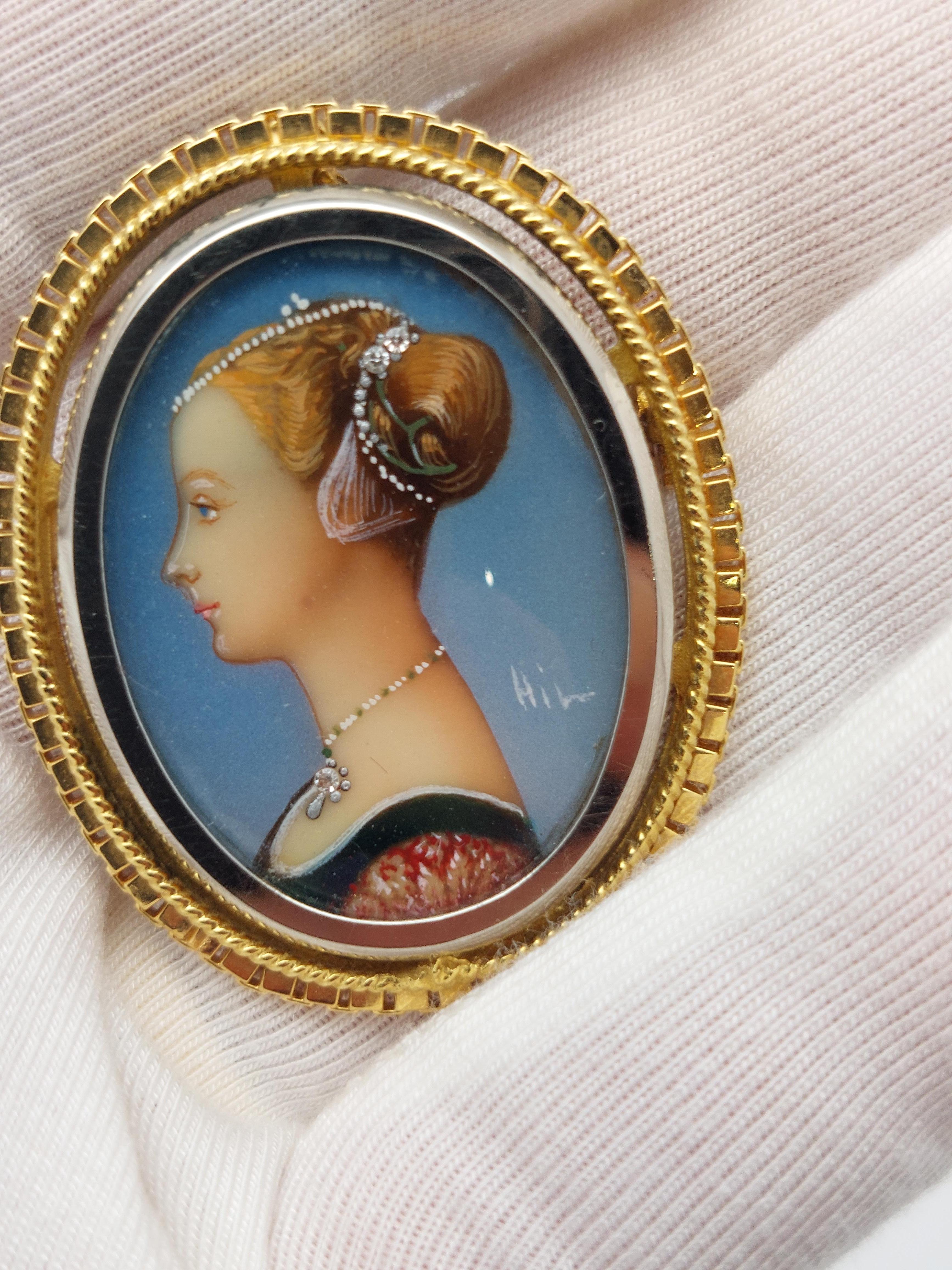 Alfiler/Colgante de Porcelana Pintada a Mano en Oro Amarillo de 18 Kilates con Diamante en Bueno estado para la venta en Vero Beach, FL