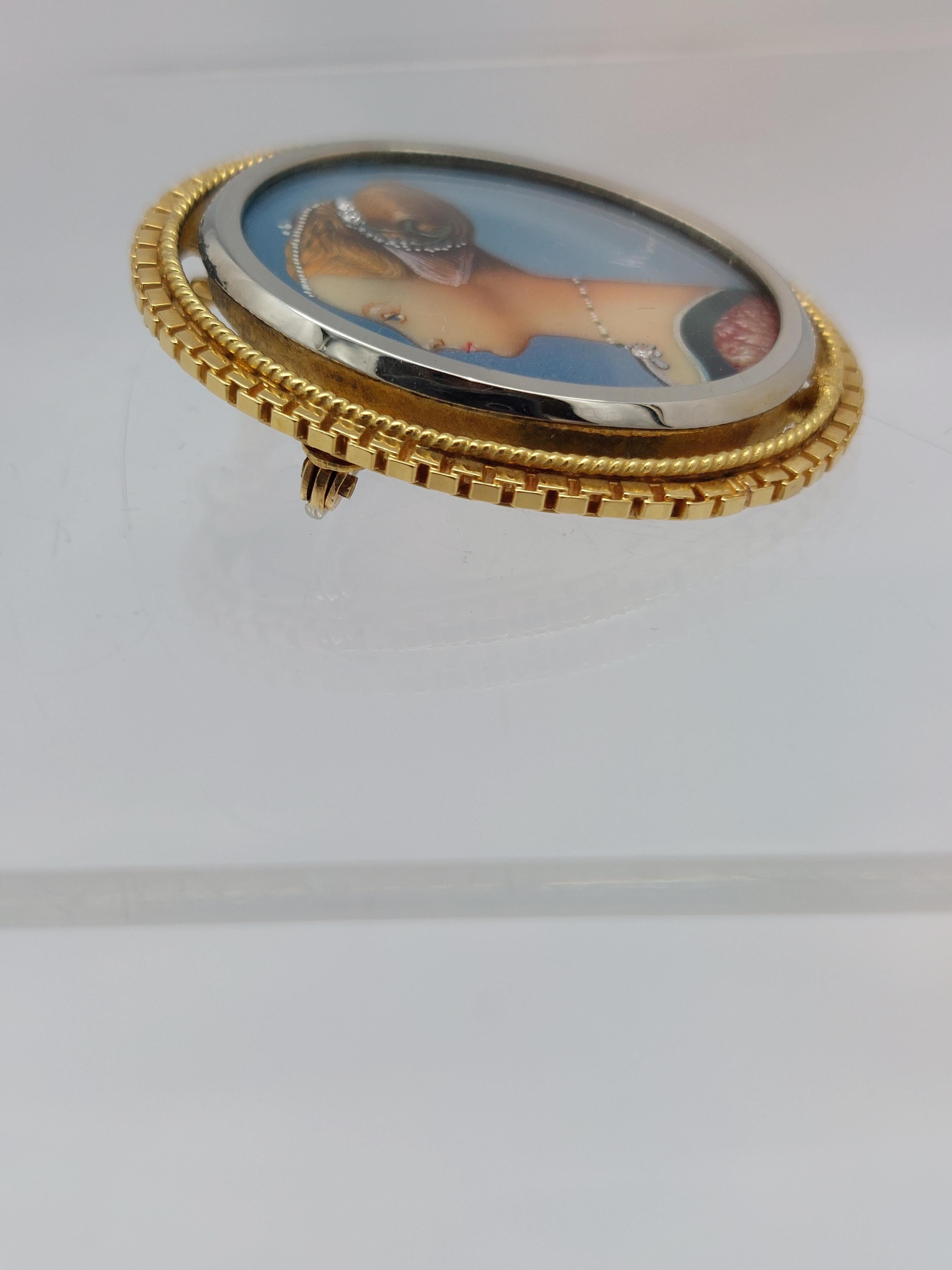Alfiler/Colgante de Porcelana Pintada a Mano en Oro Amarillo de 18 Kilates con Diamante en venta 2