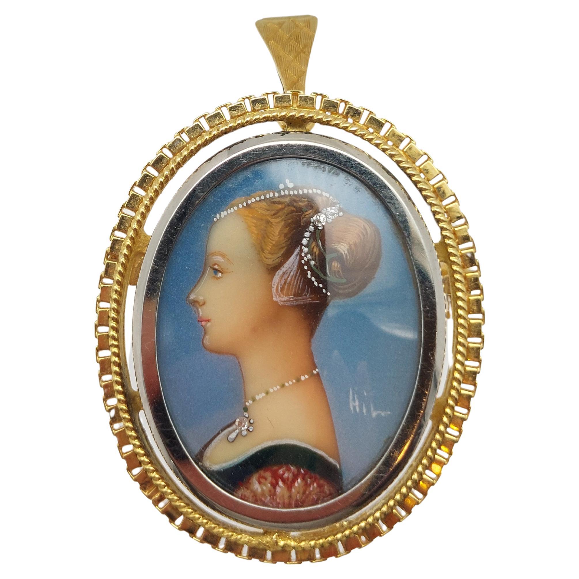Alfiler/Colgante de Porcelana Pintada a Mano en Oro Amarillo de 18 Kilates con Diamante en venta