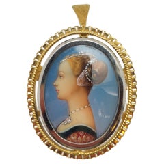 Hand Painted Porcelain Pin/Pendant in 18 Karat Yellow Gold with Diamond