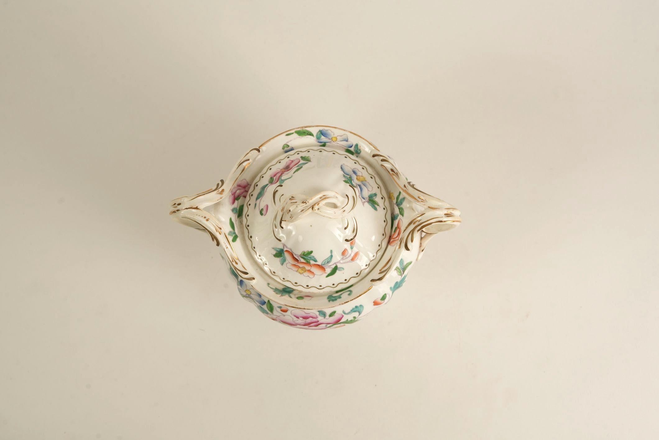 Hand-Painted Porcelain Sugar Bowl with Lid, c. Early 20th Century For Sale 5