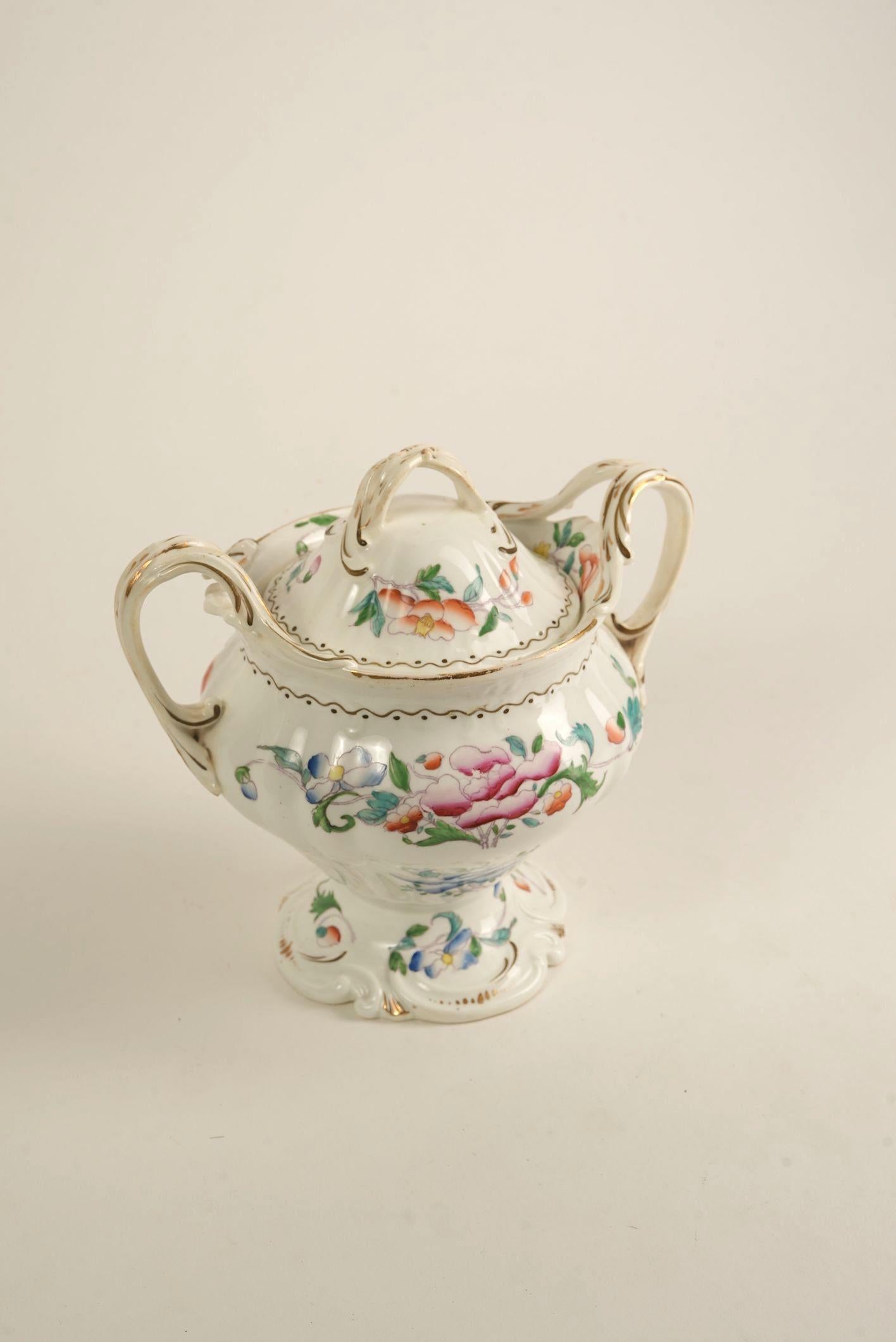Rococo Revival Hand-Painted Porcelain Sugar Bowl with Lid, c. Early 20th Century For Sale