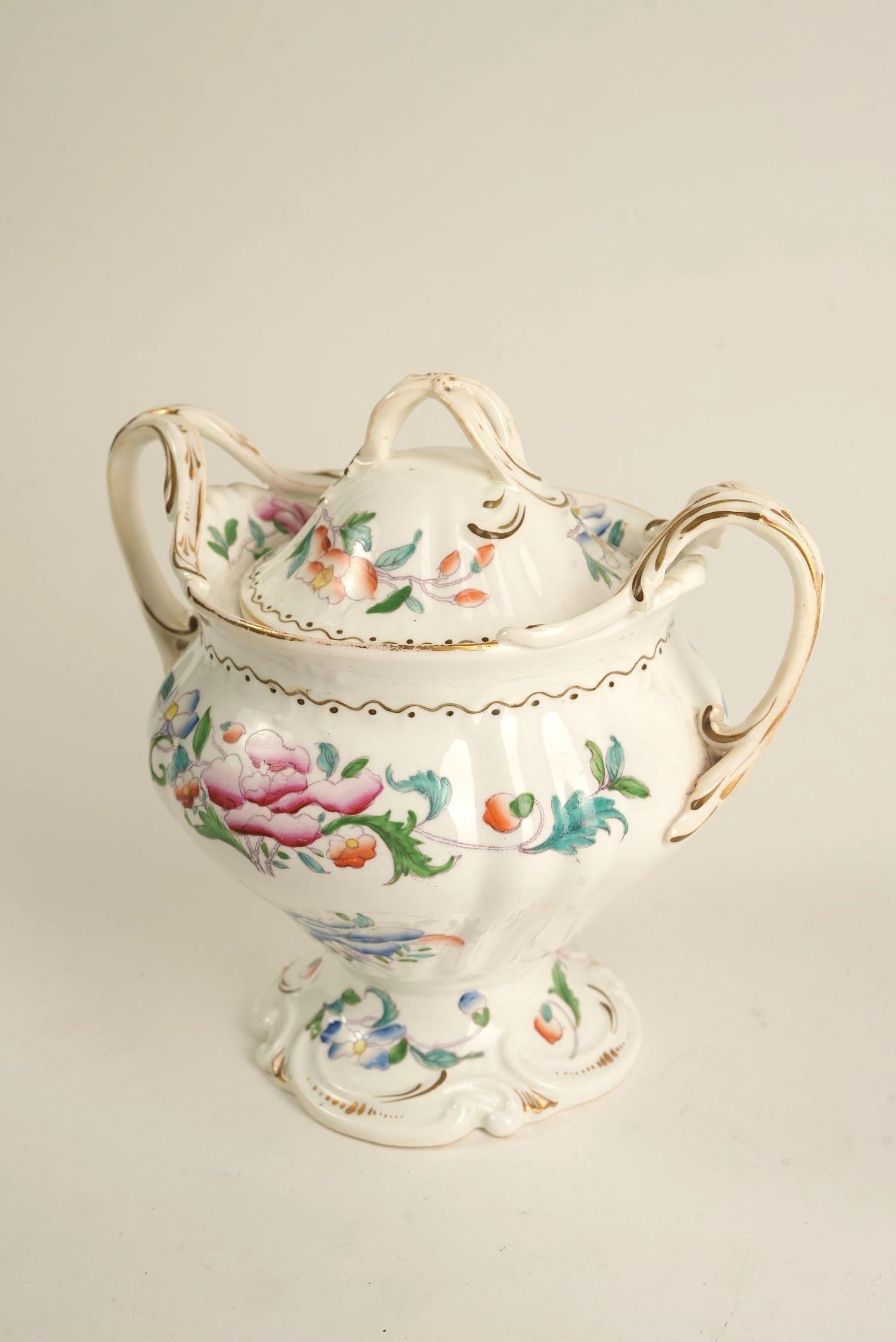 Hand-Painted Porcelain Sugar Bowl with Lid, c. Early 20th Century For Sale 2