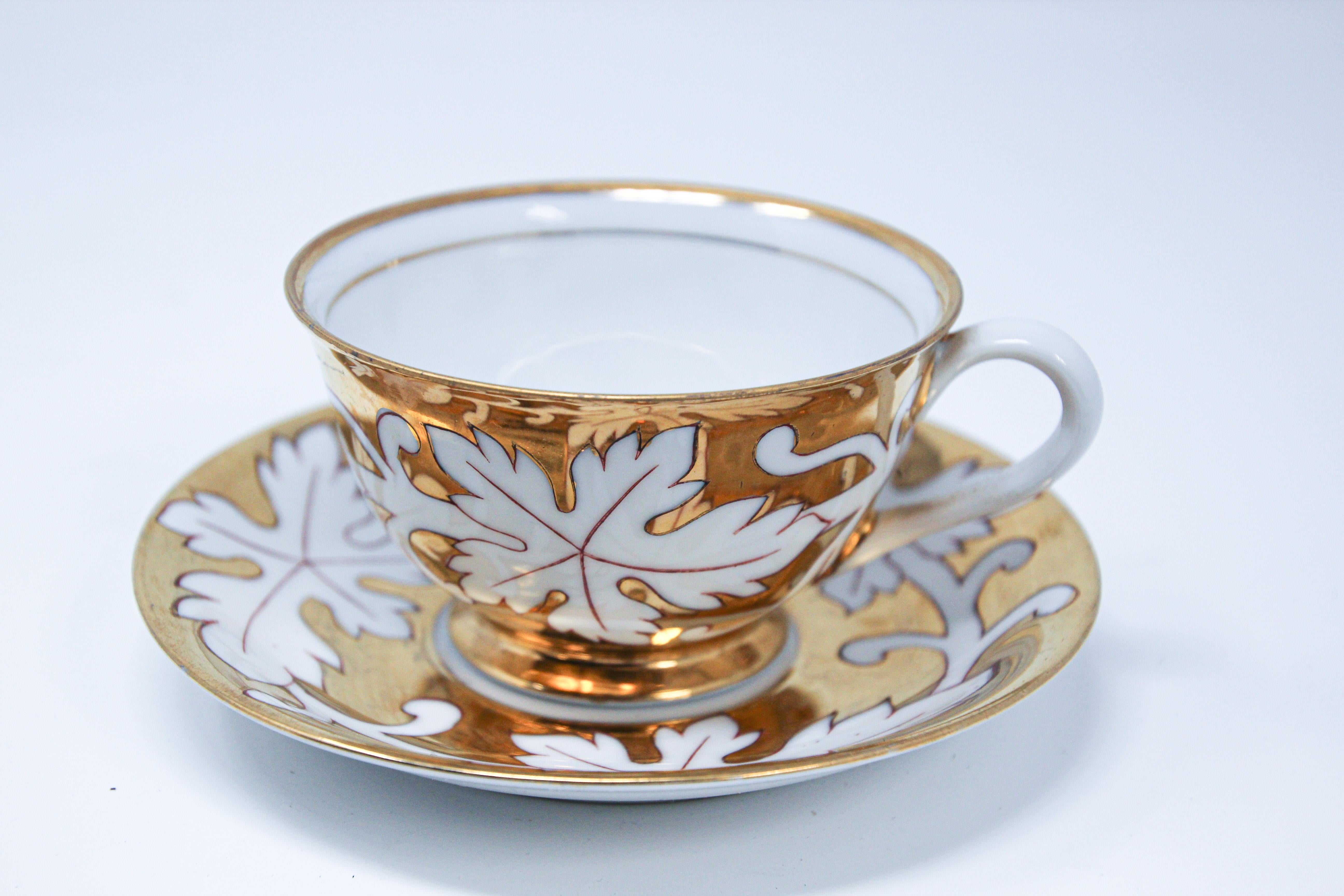 Hand-Painted Hand Painted Gilt Porcelain Tea, Coffee Cup with Desert Plate For Sale