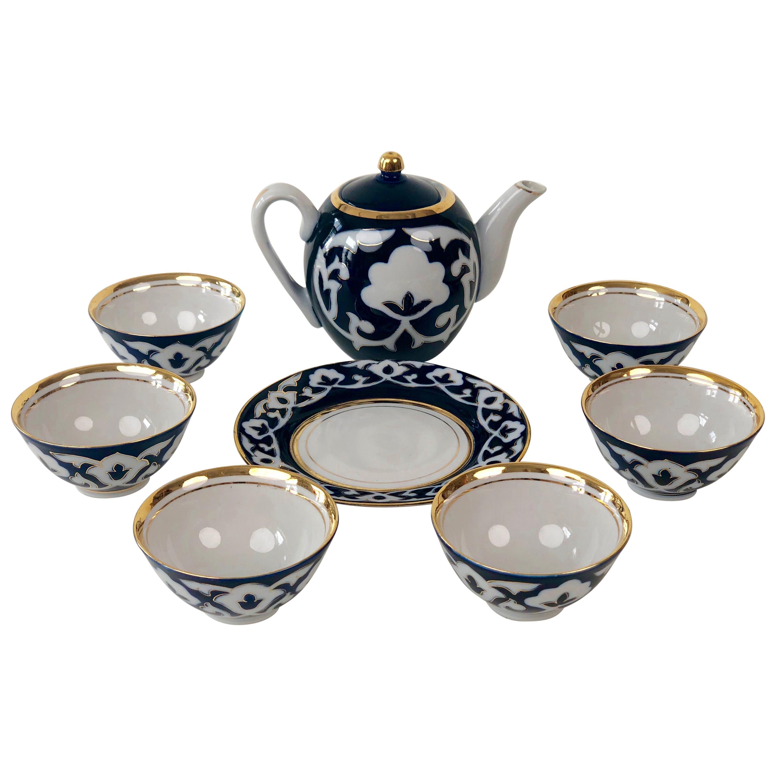 Service à thé en porcelaine d'Asie centrale peint à la main en bleu kobalt & Gold