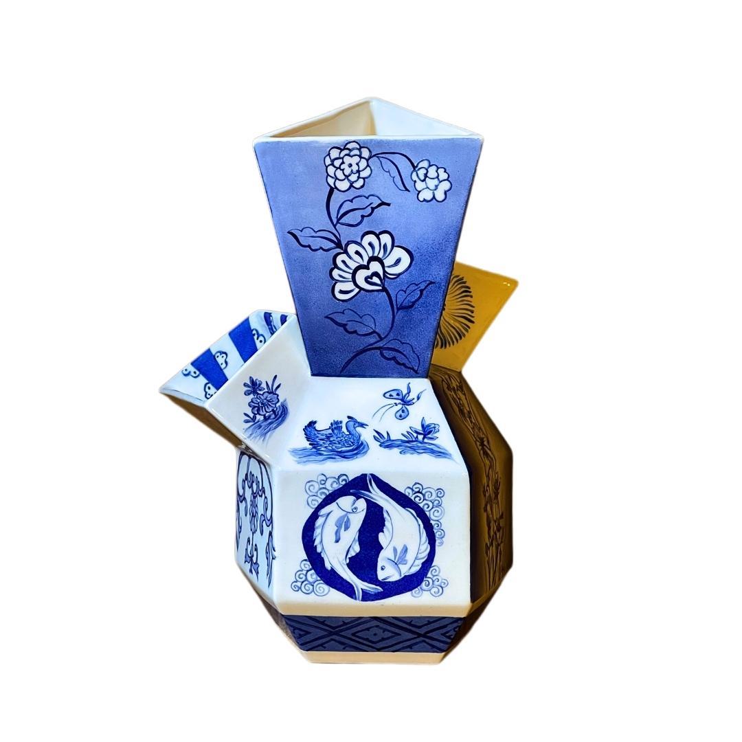 Organic Modern Hand Painted Porcelain Tulip Vase with Chinese Patterns For Sale