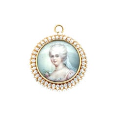 Hand Painted Portrait Diamond and Seed Pearl Victorian Pendant Brooch