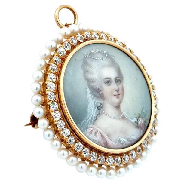 Hand Painted Portrait Diamond and Seed Pearl Victorian Pendant Brooch