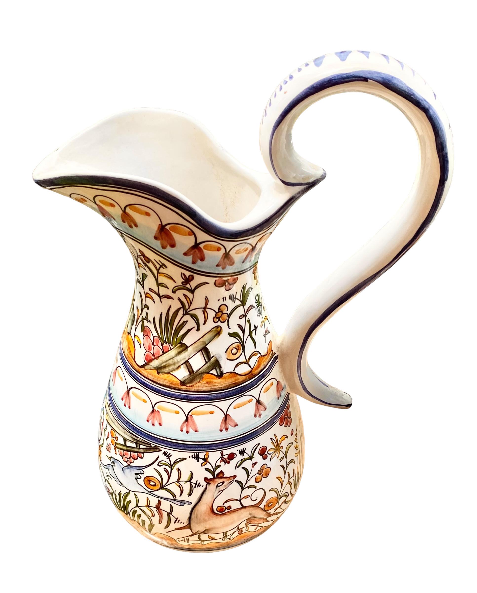 Hand Painted Portuguese Faience Water Pitcher In Good Condition In New Orleans, LA