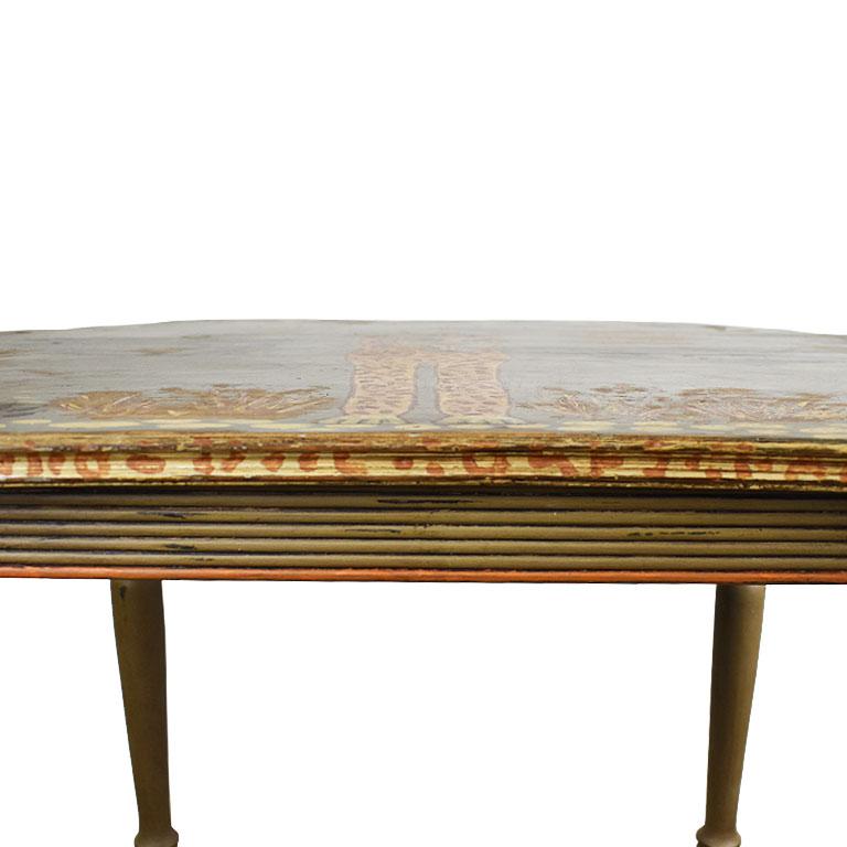 A whimsical wooden barley twist style side table hand painted with a Portuguese cat motif. This lovely antique piece features a beautiful hand painted tabletop that sits on four turned legs, connected with a stretcher. The top has scalloped edges.