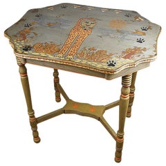 Vintage Hand Painted Portuguese Side Table or Drinks Table with Feline Motif 