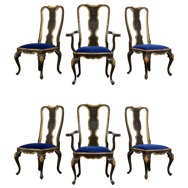 Hand Painted Portuguese's Set of Six Queen Anne Style Dining Chairs For