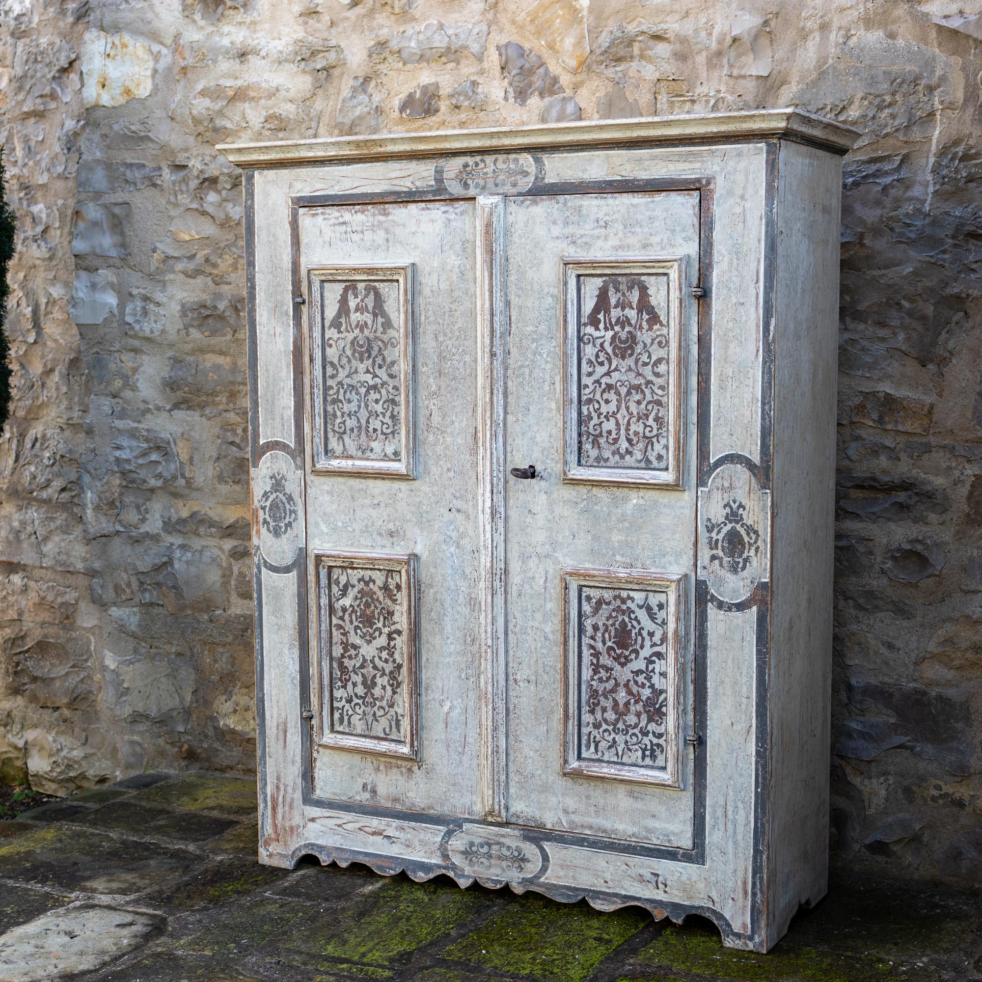 Wood Hand-painted Provincial Cabinet with two Doors, South Germany around 1700 For Sale