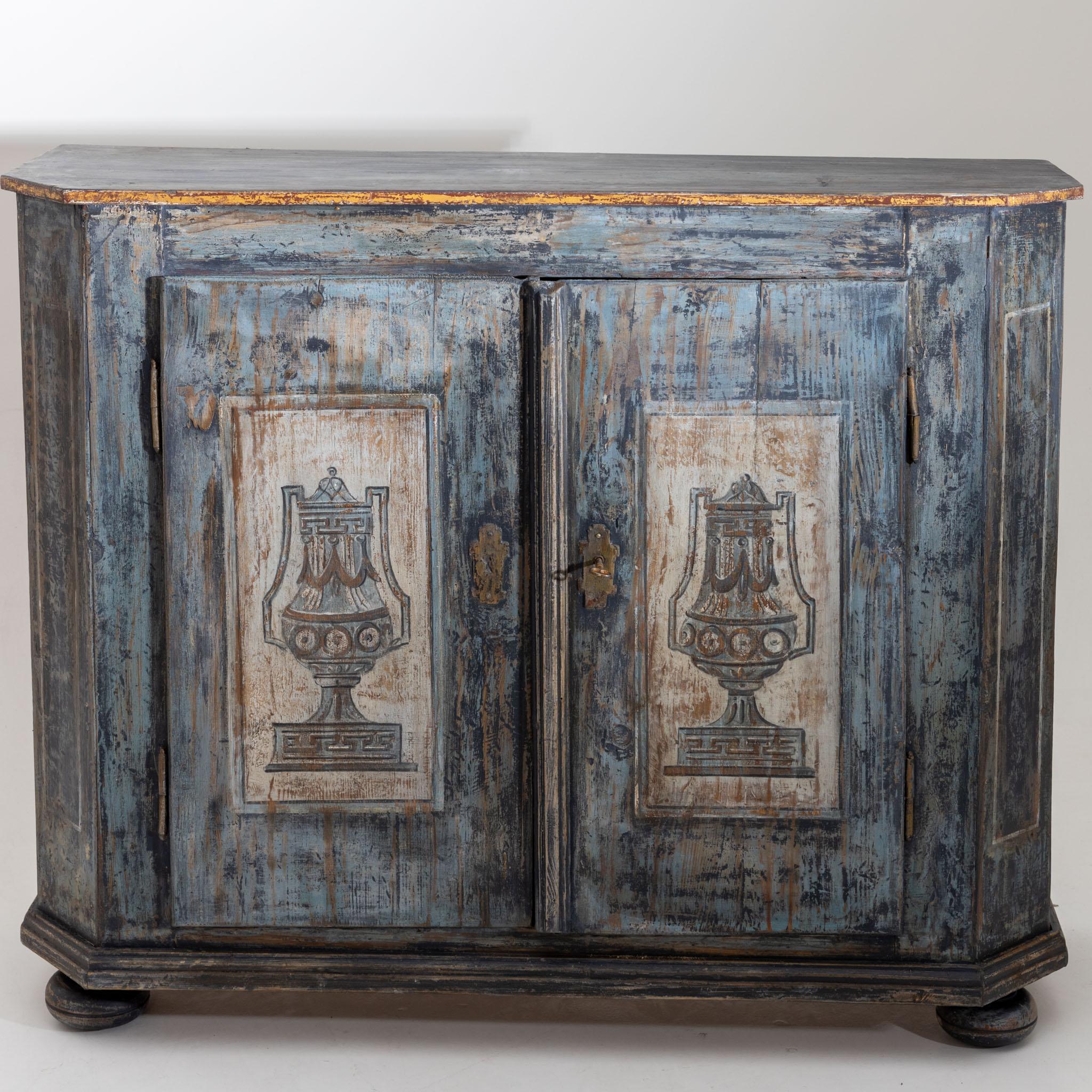 Hand painted provincial sideboard with two doors in blue and grey, 18th century.