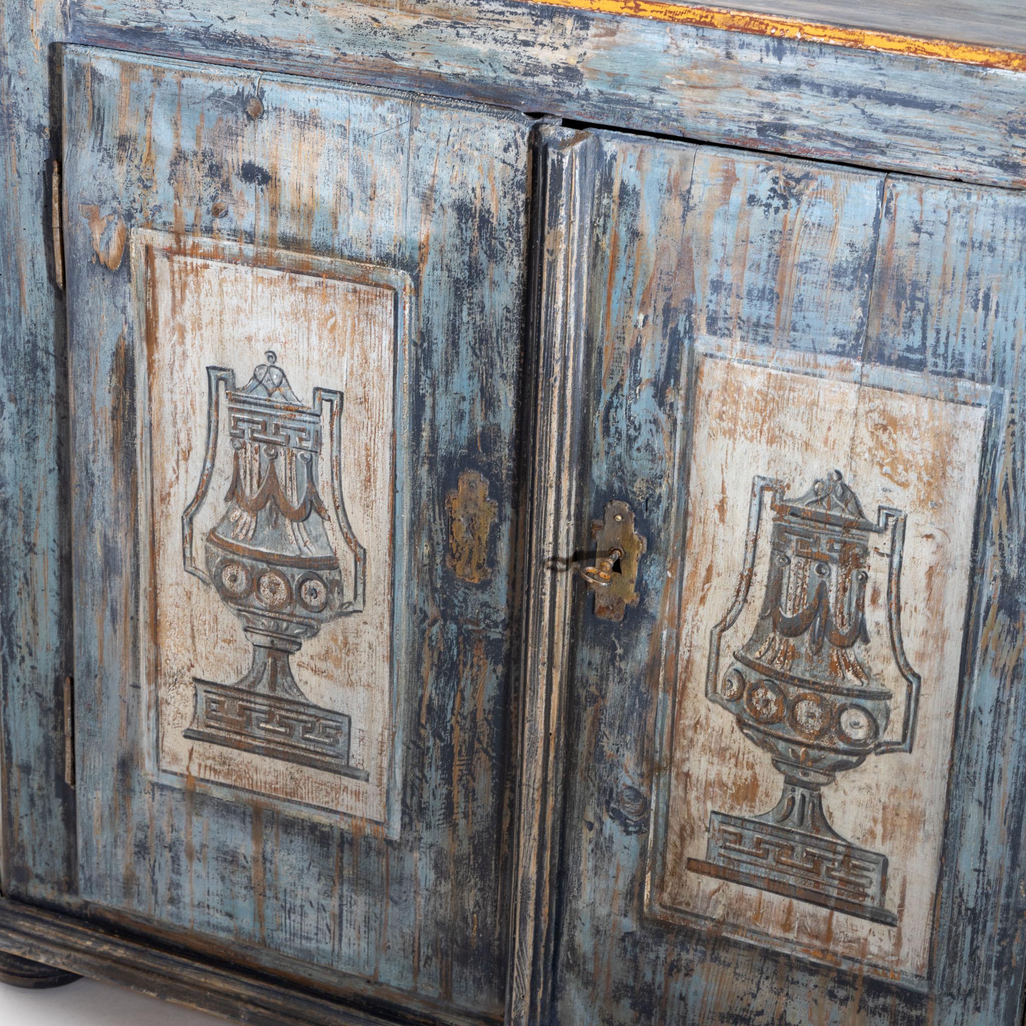 French Provincial Hand Painted Provincial Sideboard with Two Doors in Blue and Grey, 18th Century For Sale
