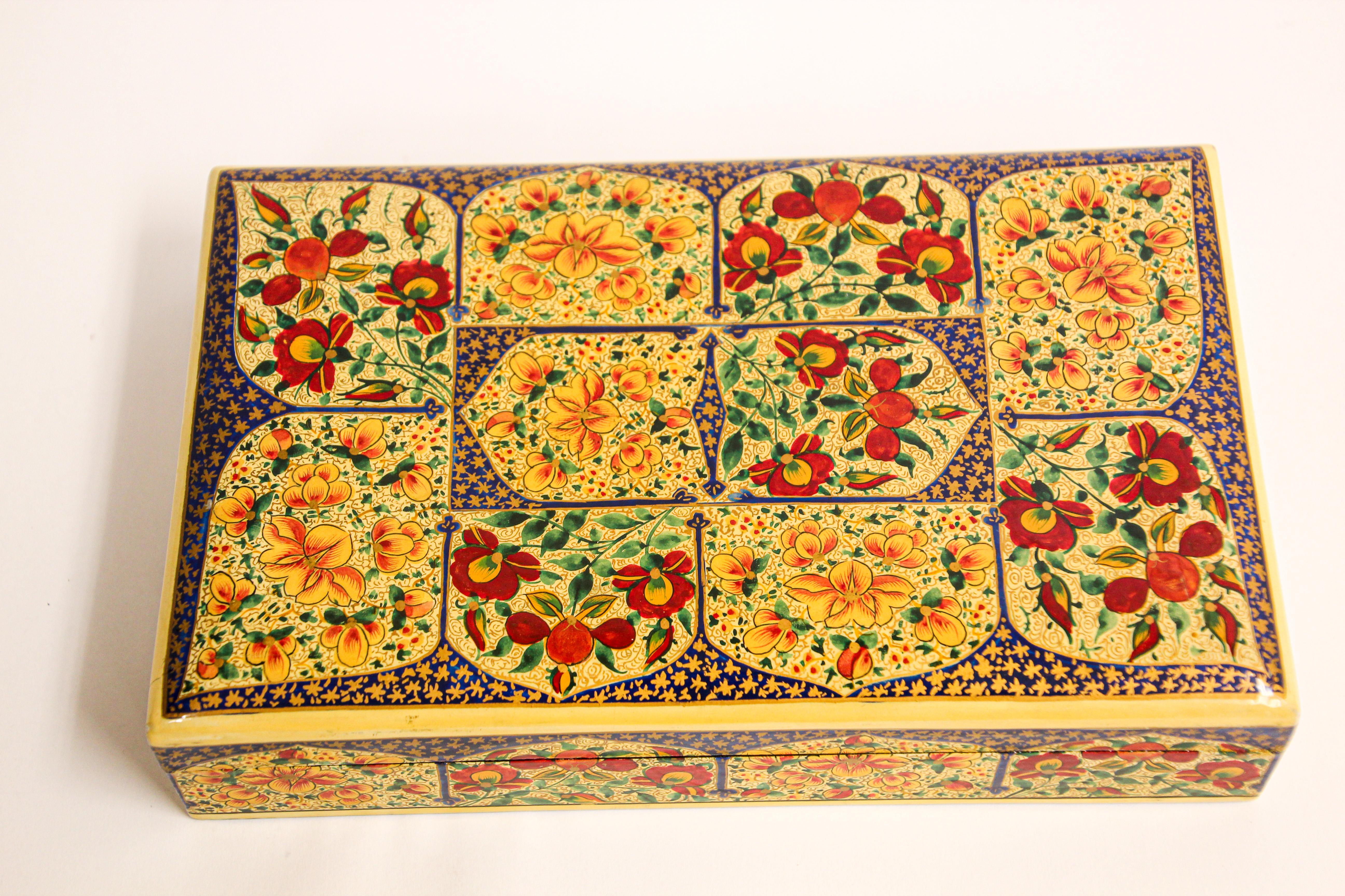 Hand painted Rajasthani lacquer box in rectangular shape with lid decorated with floral designs.
Great decorative box.
Size is 9