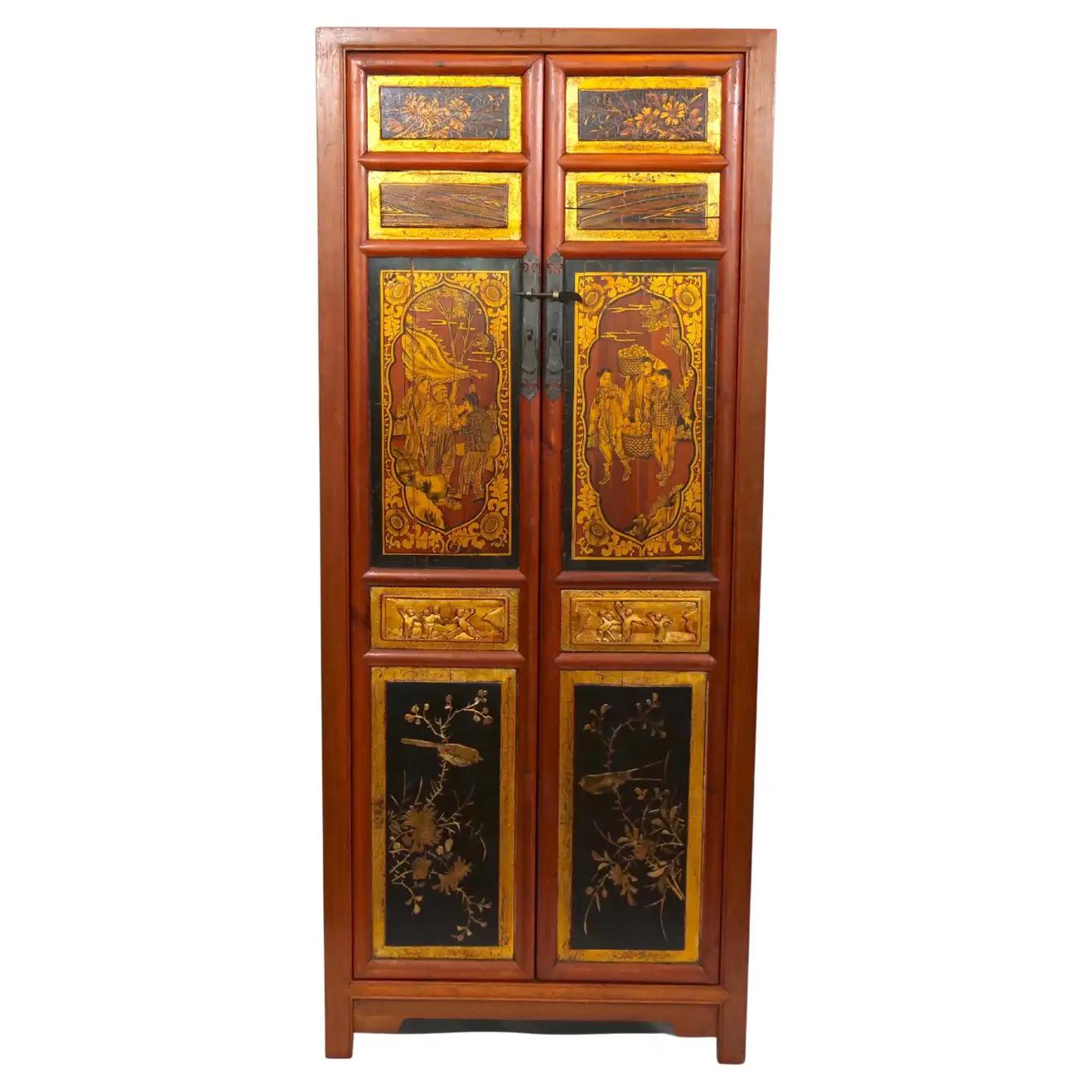 Hand Painted Red / Gilt Wood Chinoiserie Decorated Cabinet For Sale 11