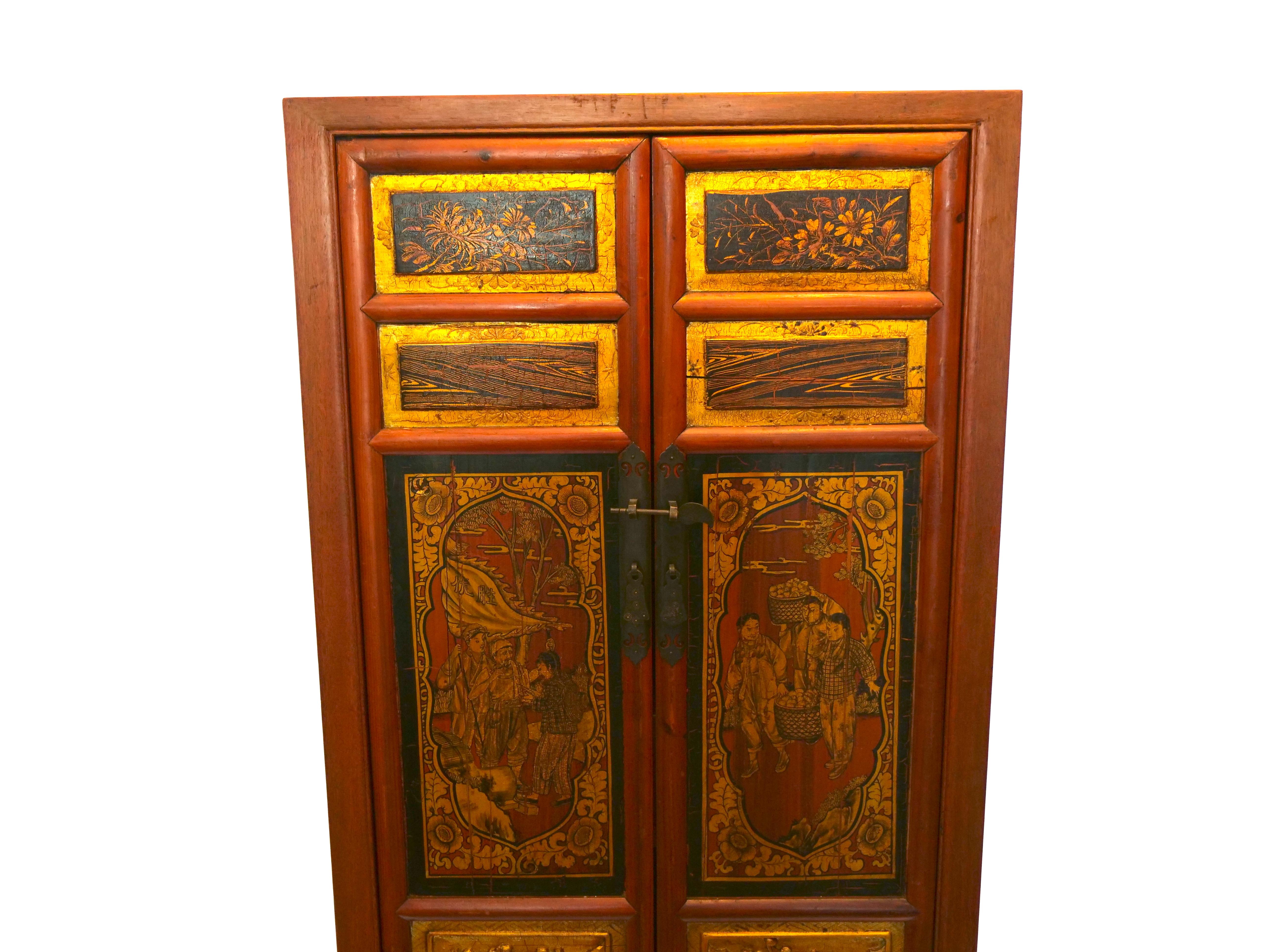 Gold Hand Painted Red / Gilt Wood Chinoiserie Decorated Cabinet For Sale