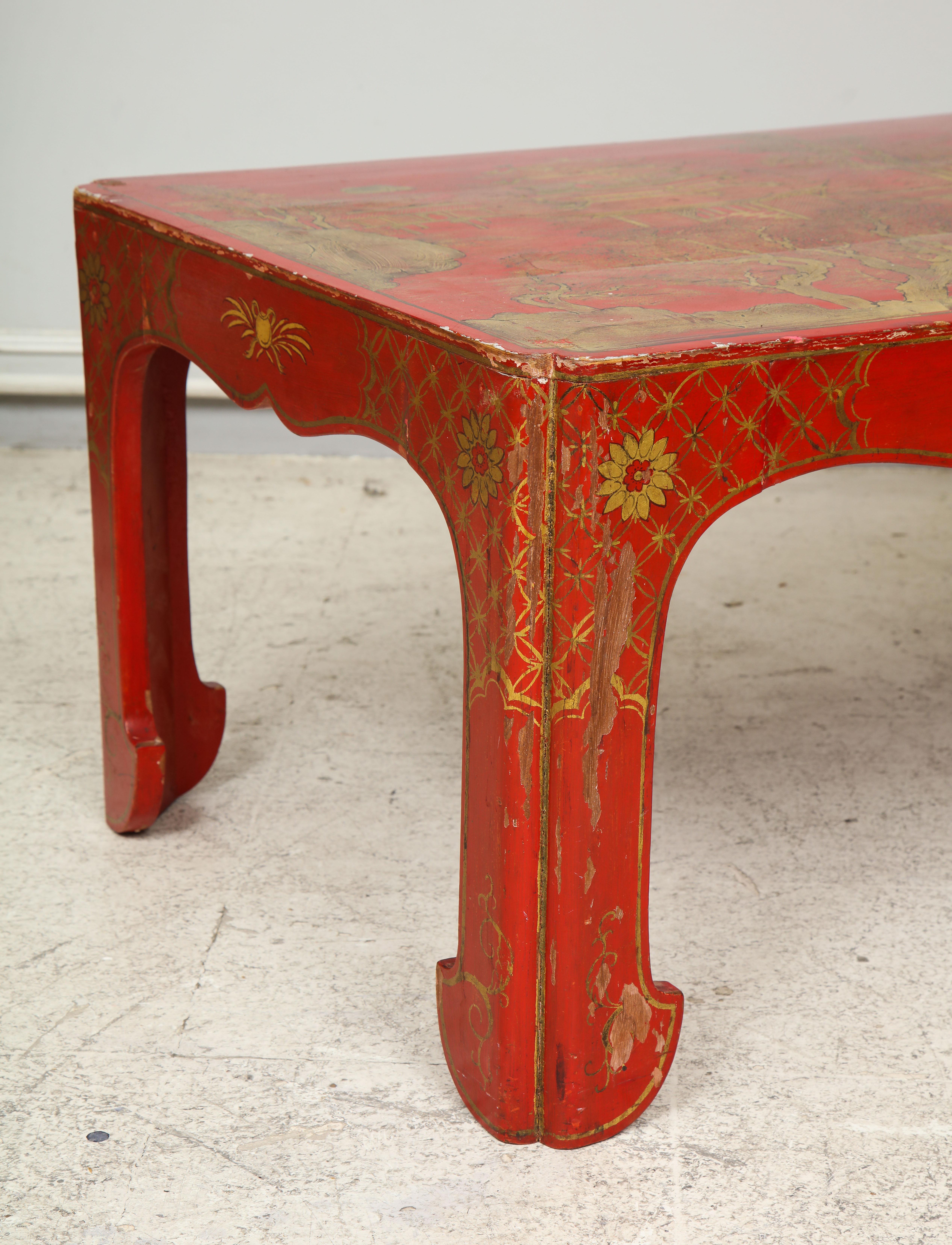 Hand Painted Red Lacquered Chinoiserie Cocktail/Coffee Table For Sale 2