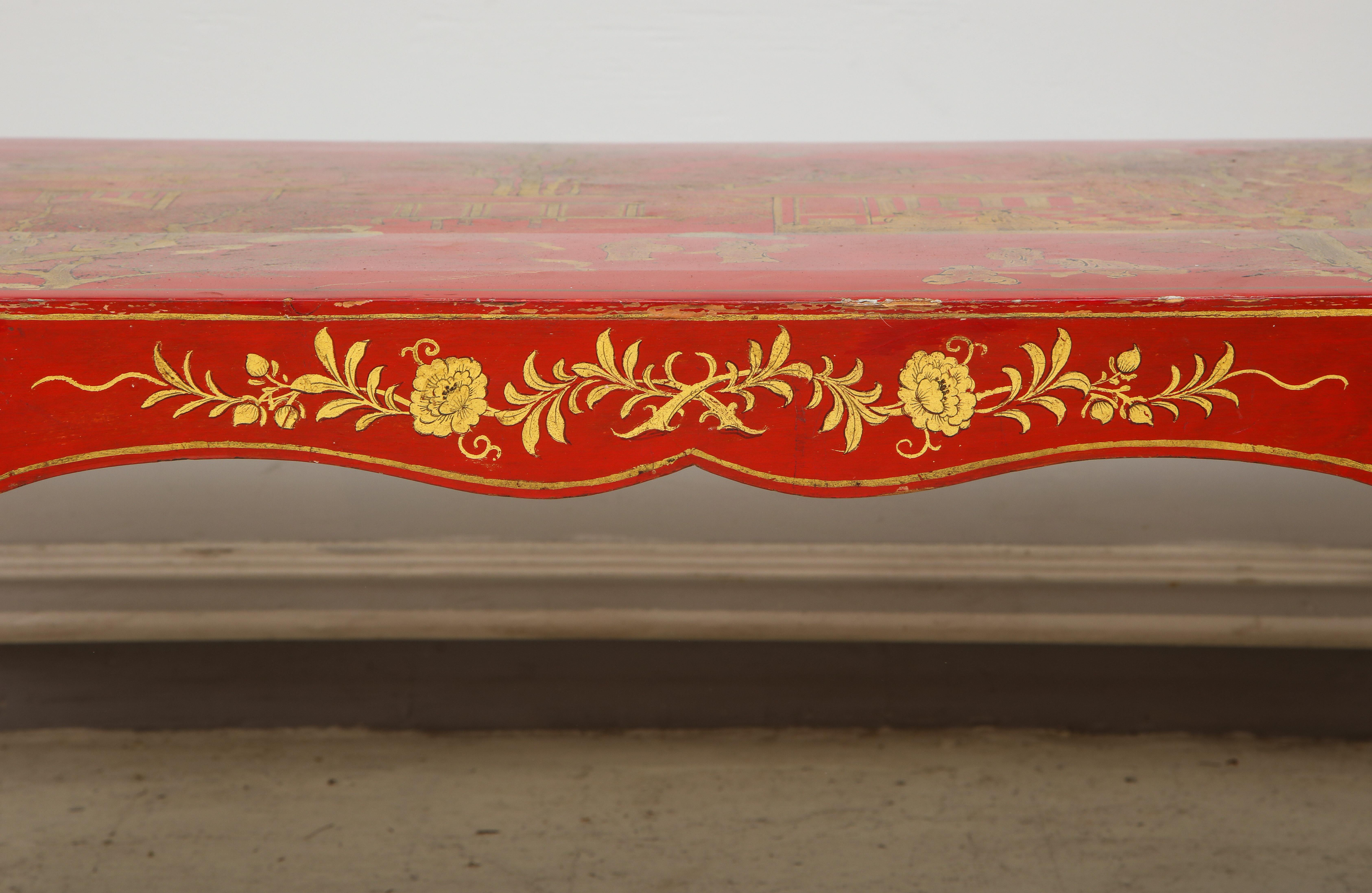 Hand Painted Red Lacquered Chinoiserie Cocktail/Coffee Table For Sale 3