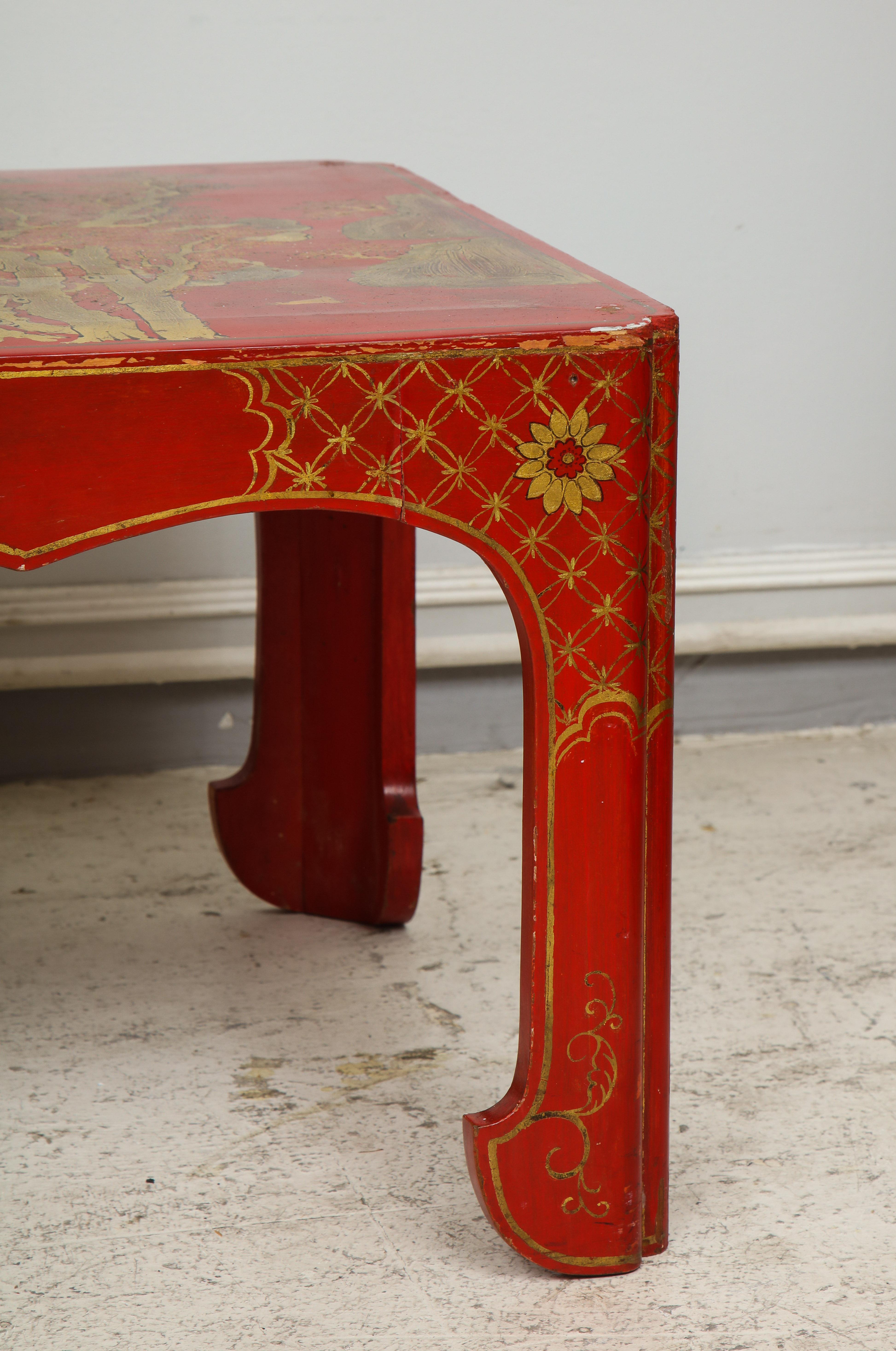 Hand Painted Red Lacquered Chinoiserie Cocktail/Coffee Table For Sale 4