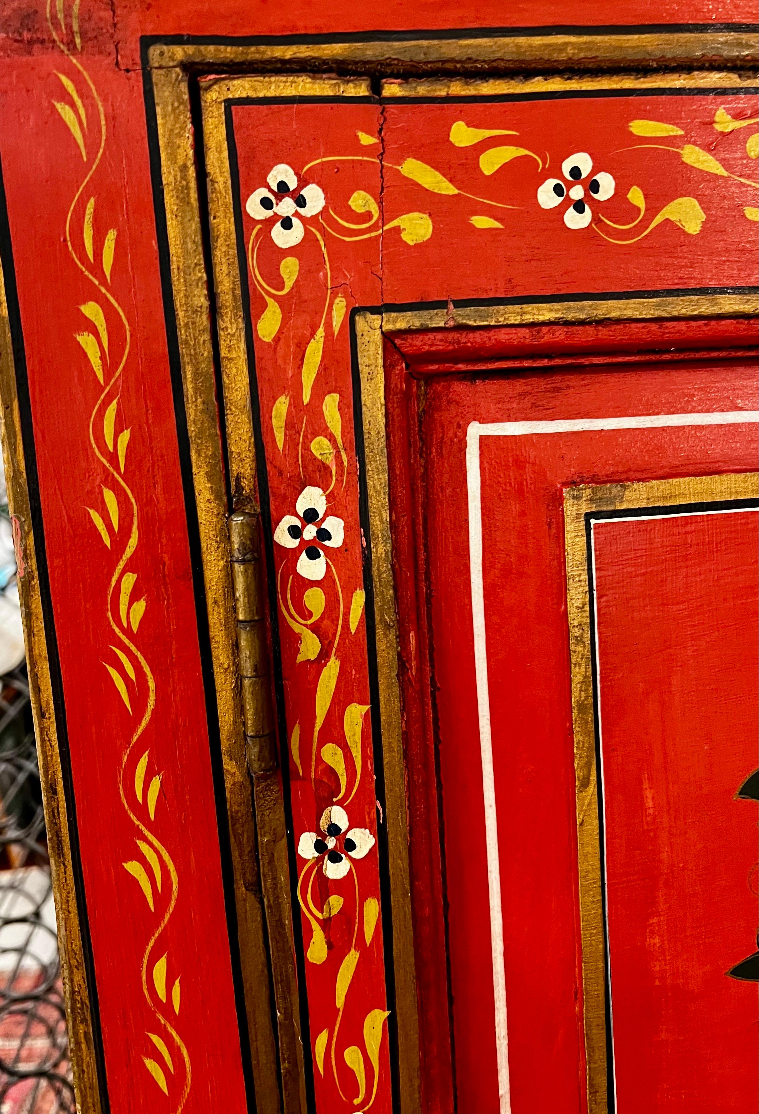 Hand Painted Red Moroccan Linen Press Armoire Cabinet Wardrobe Chest For Sale 5