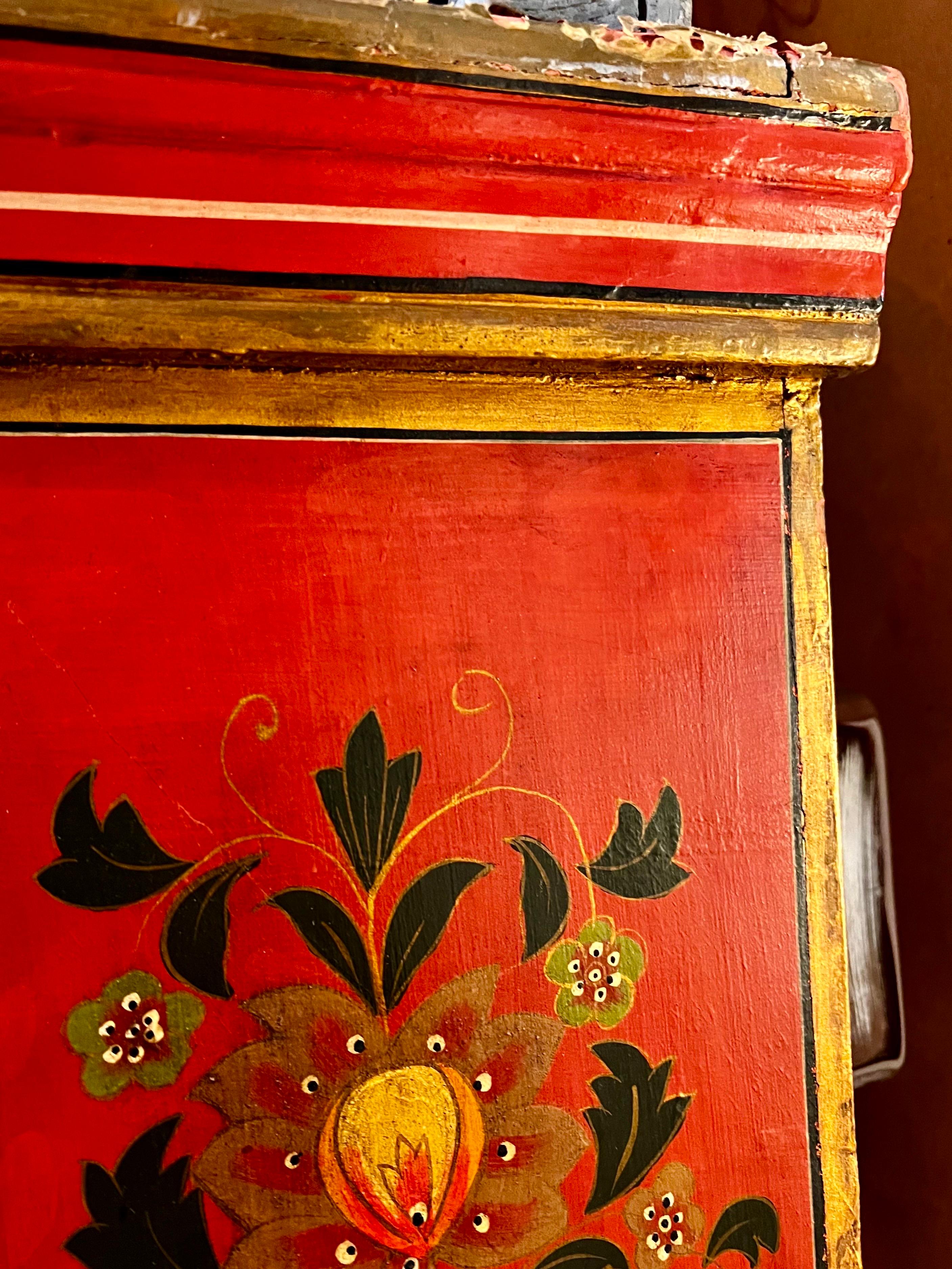 Hand Painted Red Moroccan Linen Press Armoire Cabinet Wardrobe Chest In Good Condition For Sale In West Hartford, CT