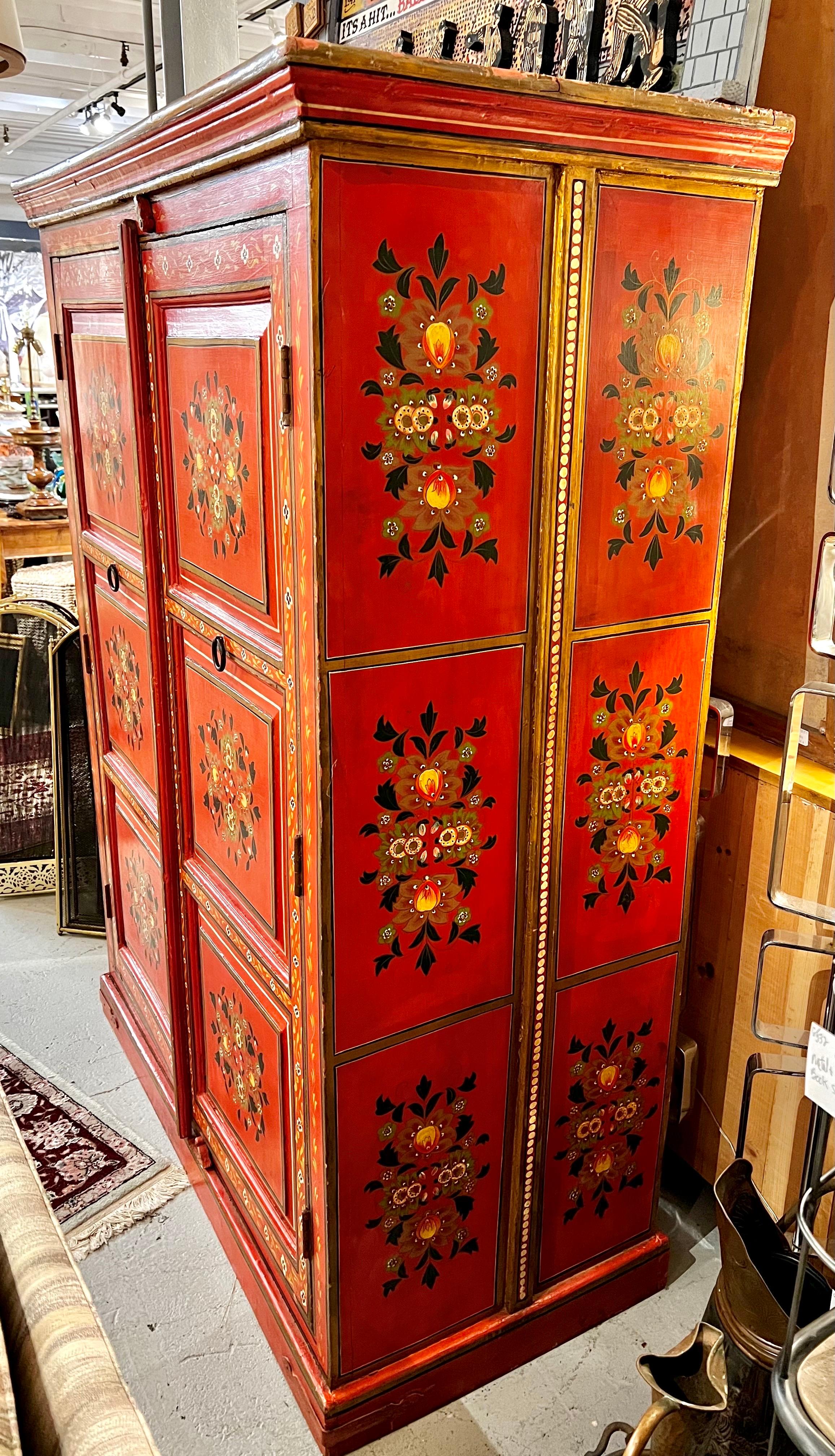 20th Century Hand Painted Red Moroccan Linen Press Armoire Cabinet Wardrobe Chest For Sale