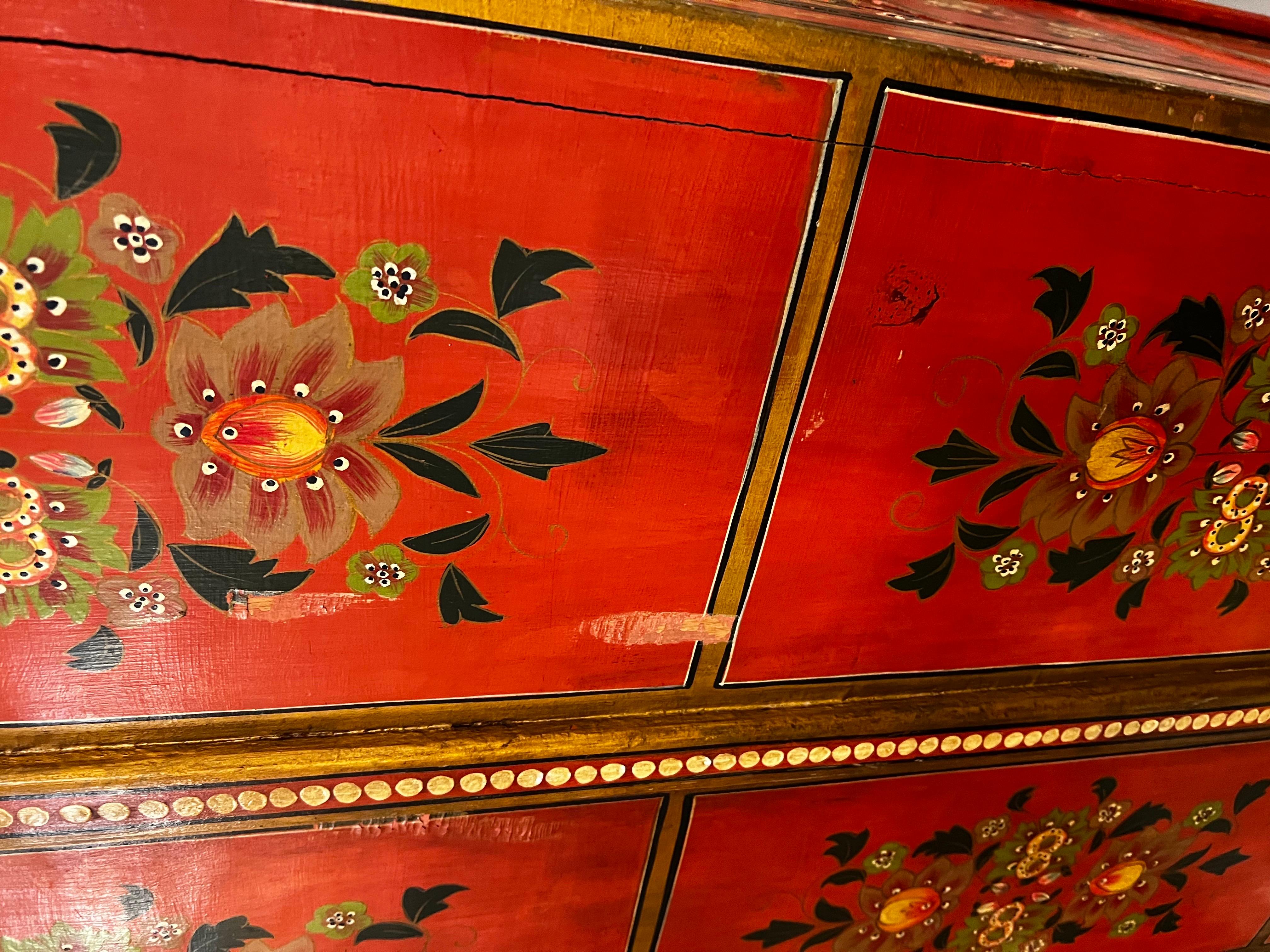 Wood Hand Painted Red Moroccan Linen Press Armoire Cabinet Wardrobe Chest For Sale